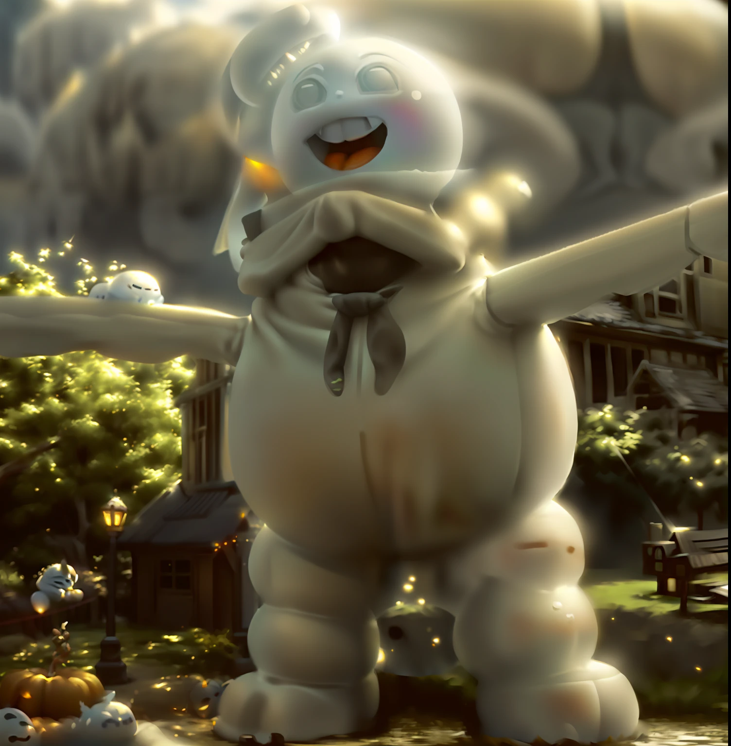 araffe inflatable balloon in a yard with a pumpkin and a house, stay puft marshmallow man, ghost busters, casper the friendly ghost, frosty, slimer, ghostbusters, inflatable, baymax, twisty, full costume, from , ghostbusters illinois, costume, baymax from big hero 6, misty, medium closeup, large)}], closeup photo, fuzzy ghost, howard