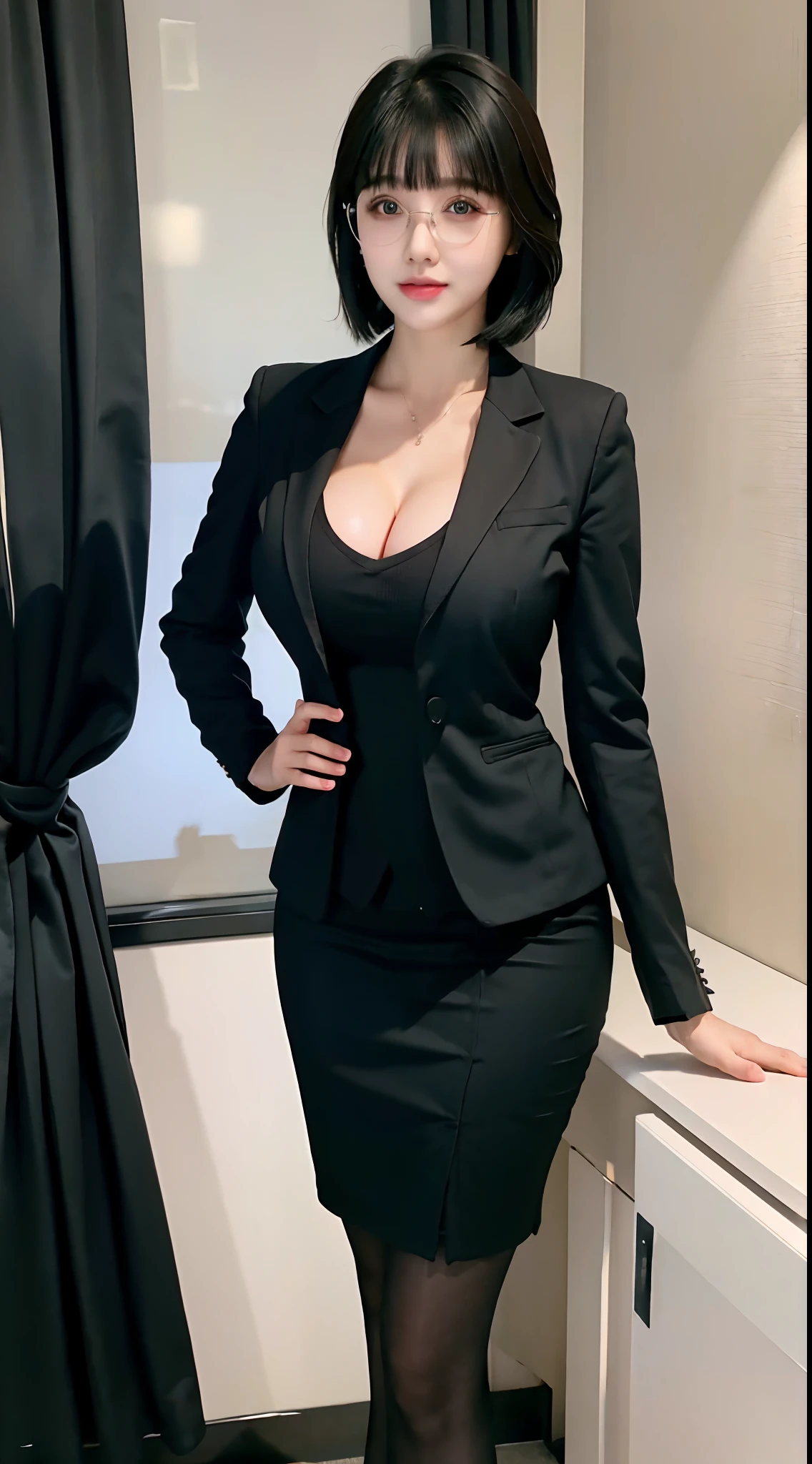 ((8K、ighly detailed、acurate、top-quality、Award-winning、​masterpiece:1.hot rare sim:1.4)、Textured skin、tre anatomically correct、1girl in、beauty with perfect body:1.4、wearing black suit:1.3、Business suits、Office Jacket、Office Skirt、Stockings、Clear face、Delicat eyes、二重まぶた、Whitened skin、photorealisim、Highly fine and detailed jewelry、half smile、Inside the office