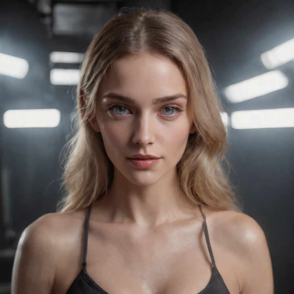 Face portrait photo of a 23-year-old European girl, RAW, belle femme, semi-open strawberry lips, fossettes, regard nostalgique, (extra-long wavy blonde hair), ((face detailed)), ((detailed facial features)), (finely detailed skin), pale skinned, (In a highly detailed deep neckline sexy futuristic cyberpunk dress made of circuit boards, The cyberpunk environment of the megalopolis, neons, gratte-ciel), (torse nu), ((dans la salle de sport)), soft natural lighting, wet skin, environnement cyberpunk megapole, (couleurs froides), humide, reflets, (master piece) (Perfect aspect ratio), (photo realist), (beste-Qualit), (detailded) photographed on a Canon EOS R5, objectif 50mm, F/2.8, HDR, (8k) (papier peint) (lighting cinematic) (dramatic lighting) (mise au point nette) (complexe), photo RAW, photo RAW, photo gigachad, pose pour appareil photo, jeans noirs, arm behind, 8k uhd, DSLR, highly quality, grain du film, Fujifilm XT3, extremly detailed, photoreallistic, Realstic, incroyablement absurde, highly detailed, mise au point nette, (professional studio lighting), (professional color grading), On-board lighting, dramatic lighting, lighting cinematic, Luminous reflections, Soft natural lighting, couleur douce, cartographie photonique, radiosity, (beaux yeux), (detailled eyes), (face detailed), eyes symmetrical, sharp eyes, visage froid, corps entier), (high level of detail), (humide, oil-lubricated), (athletic body), (en sueur), taille fine, gros seins, (sperm in the breasts), very detailed skin, uncharacterized texture, hyper detailed, realistic skin texture, armure, beste-Qualit, ultra highres, (photoreallistic: 1.4) high resolucion, Detailed, photo brute, nette re, by Lee Jeffries Nikon D850 Film Photography 4 Kodak Portra 400 F1 Camera.6 Lens Rich Colors Texture Hyper Realistic Dramatic Lighting UnrealEngine tenda