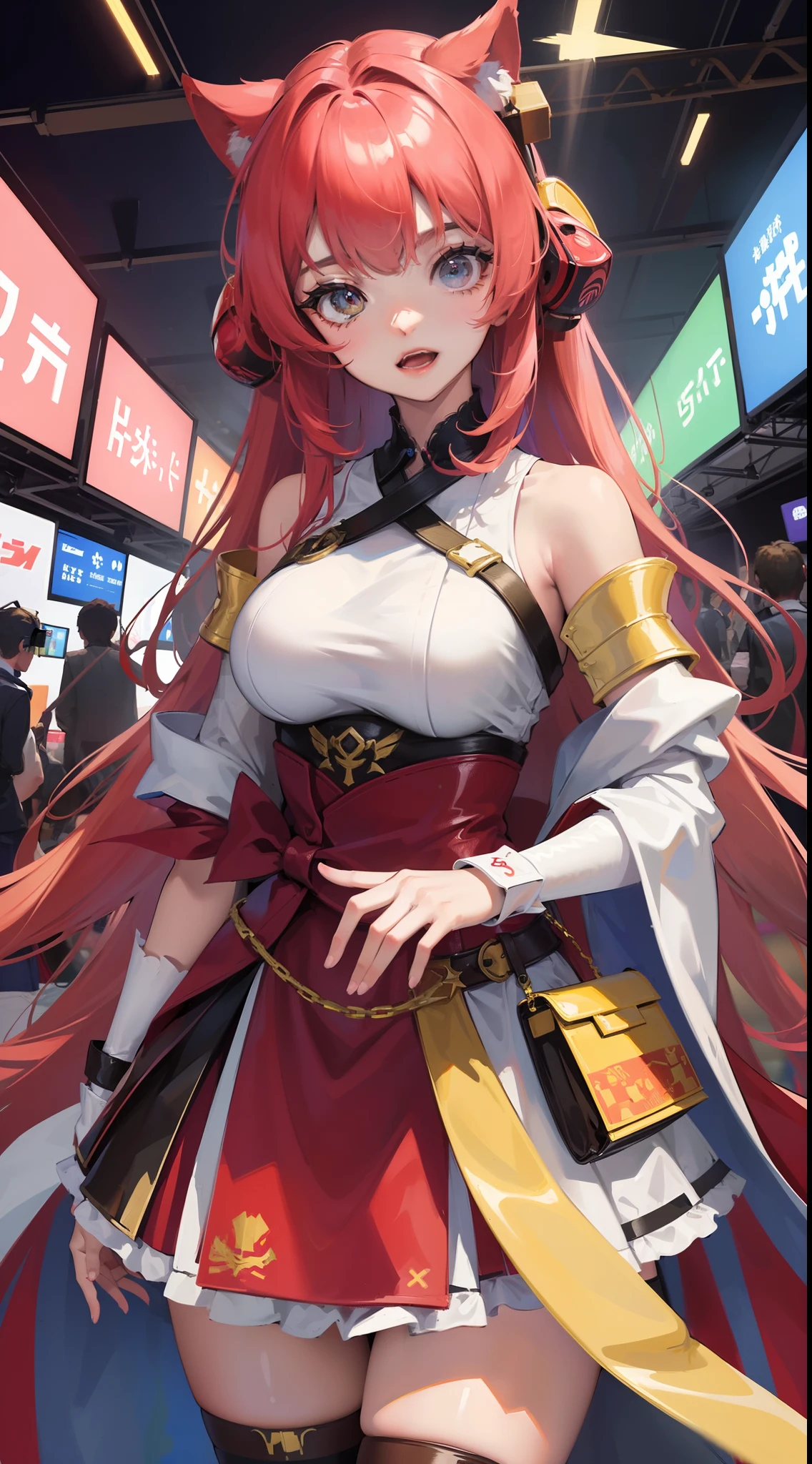 (masterpiece), (best quality),1girl,solo,
 young girl,  
(Tokyo Game Show venue), bright lights, a place where tens of thousands of gamers enthusiastically gather, large banners and booths displaying the latest game titles and characters,

Companions, race queen style costume, attractive companion costumes, the latest VR game demos,,