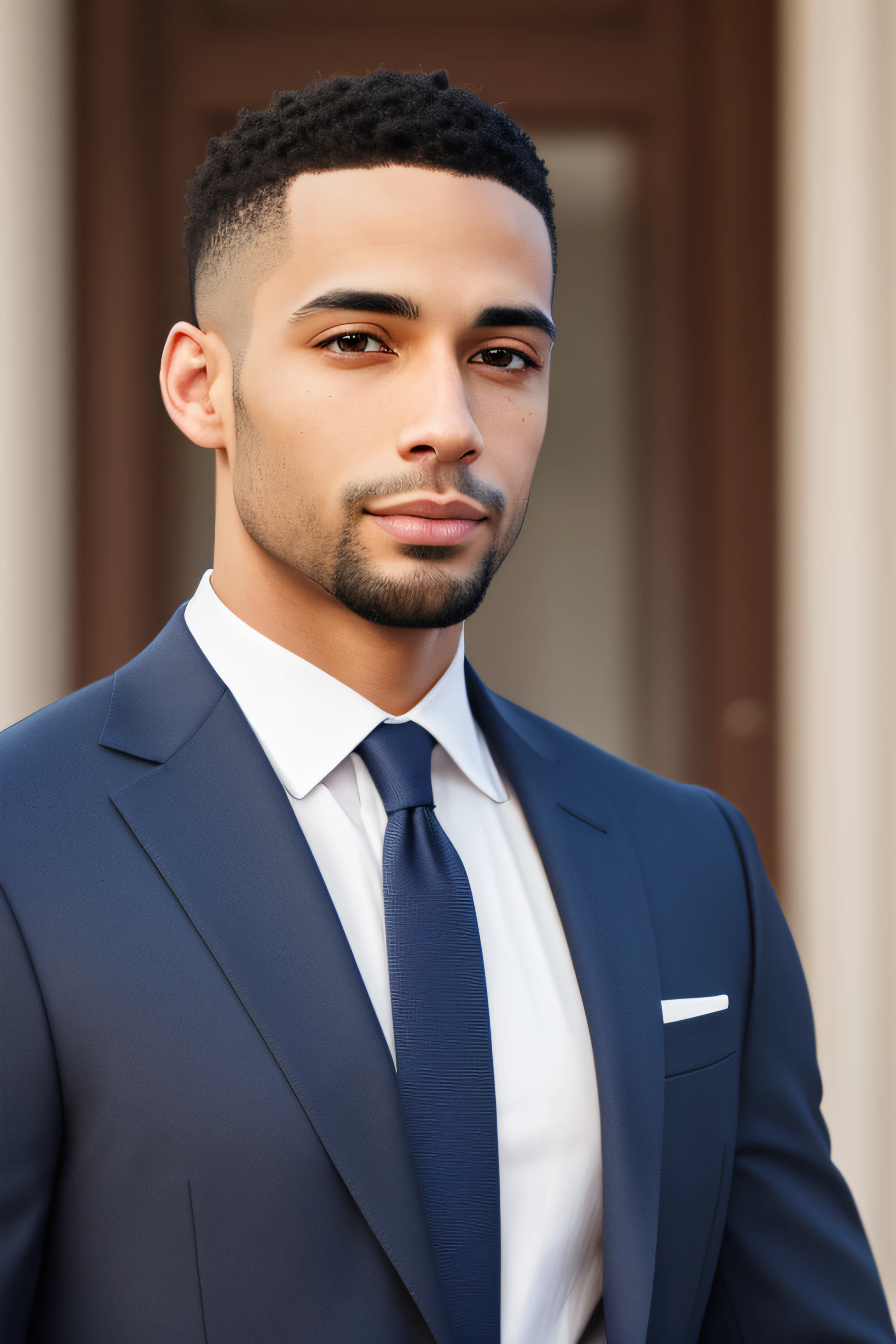 high quality handsome light skin mixed race man, wearing a navy blue suit looking at the camera