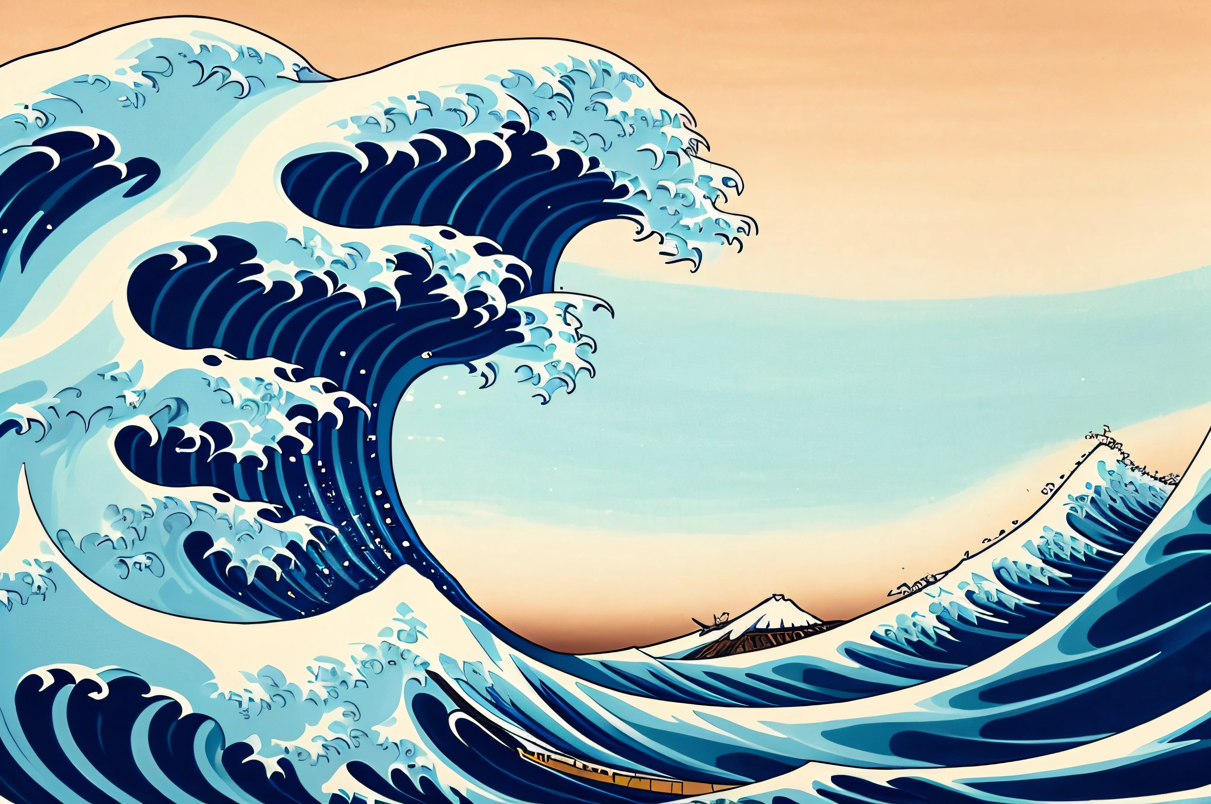a closeup of a painting of a wave with a sky background, Grande onda de Hokusai, A Grande Onda de Kanagawa, Grande onda fora de Kanagawa, inspirado em Katsuchika Hokusai, grande onda, Estilo Hokusai, inspirado em Katsushika Hokusai, estilo katsushika hokusai, inspirado em Hokusai