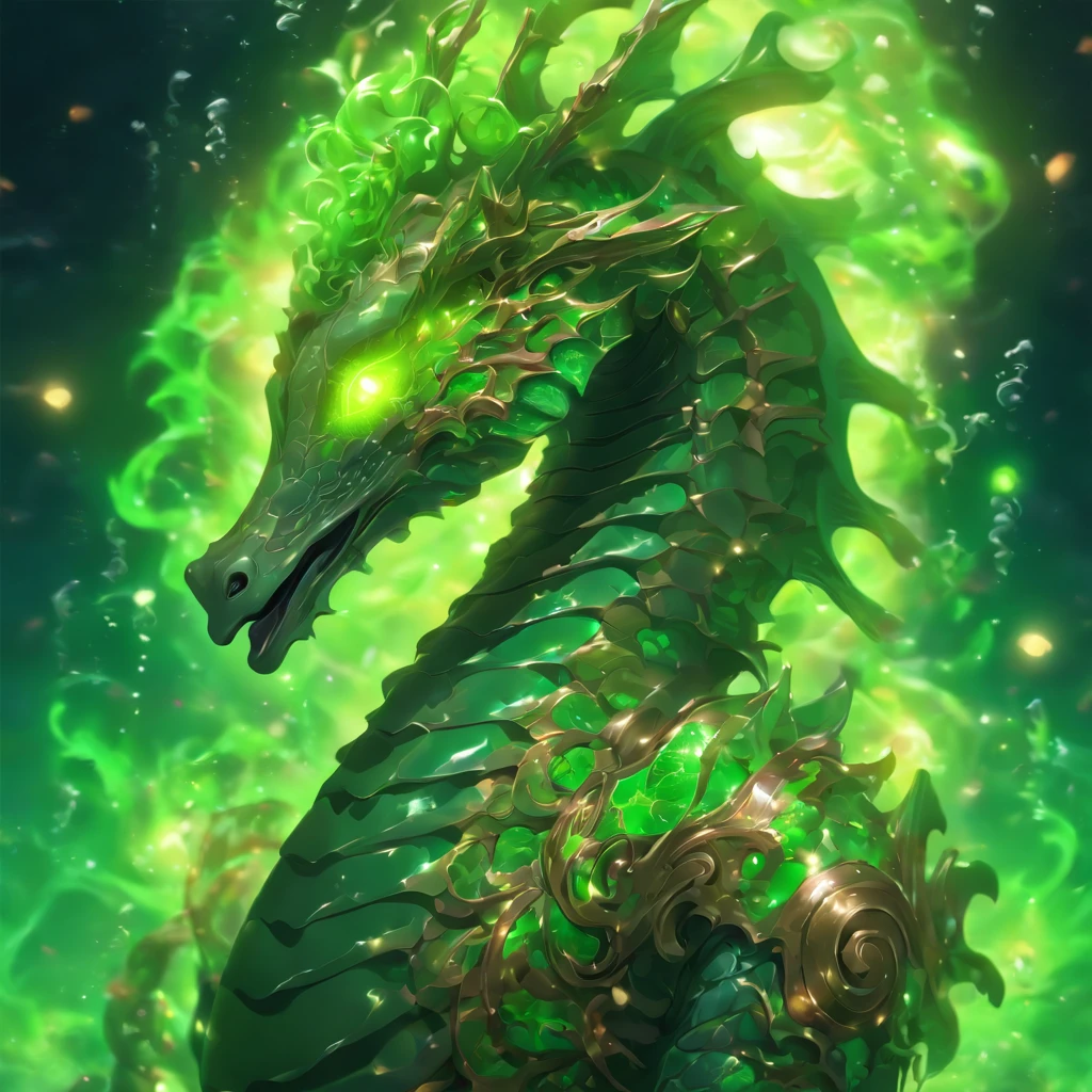 Alien Seahorse, green in color with face tendrils, glowing vivid green eyes, and bronze and copper armor, Masterpiece, Best Quality