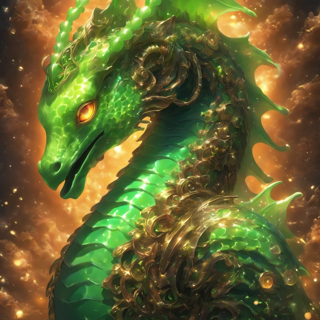Alien Seahorse, green in color with face tendrils, glowing vivid green eyes, and bronze and copper armor, Masterpiece, Best Quality