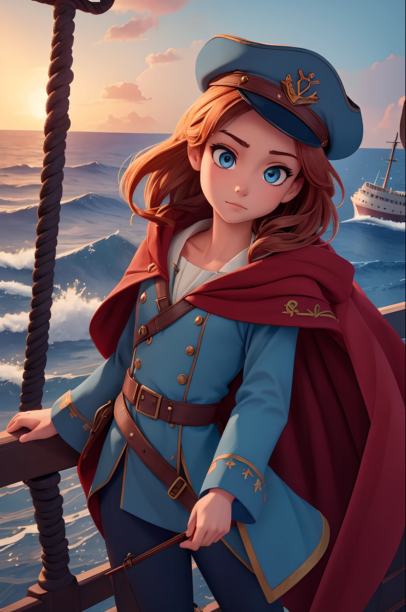 (A small chest:1.3),(masterpiece, best quality:1.4), (beautiful, aesthetic, perfect, delicate, intricate:1.2), 1 girl, adult (elven:0.7) woman,  light blue eyes, copper half-up half-down hairstyle, solo, upper body, looking down, detailed background, ship captain, serious, dark red captain uniform, elegant cloak, captain hat, decorations, dynamic pose, on deck of ship, anchor, waves on the horizon, dawn, dramatic lighting, epic atmosphere,