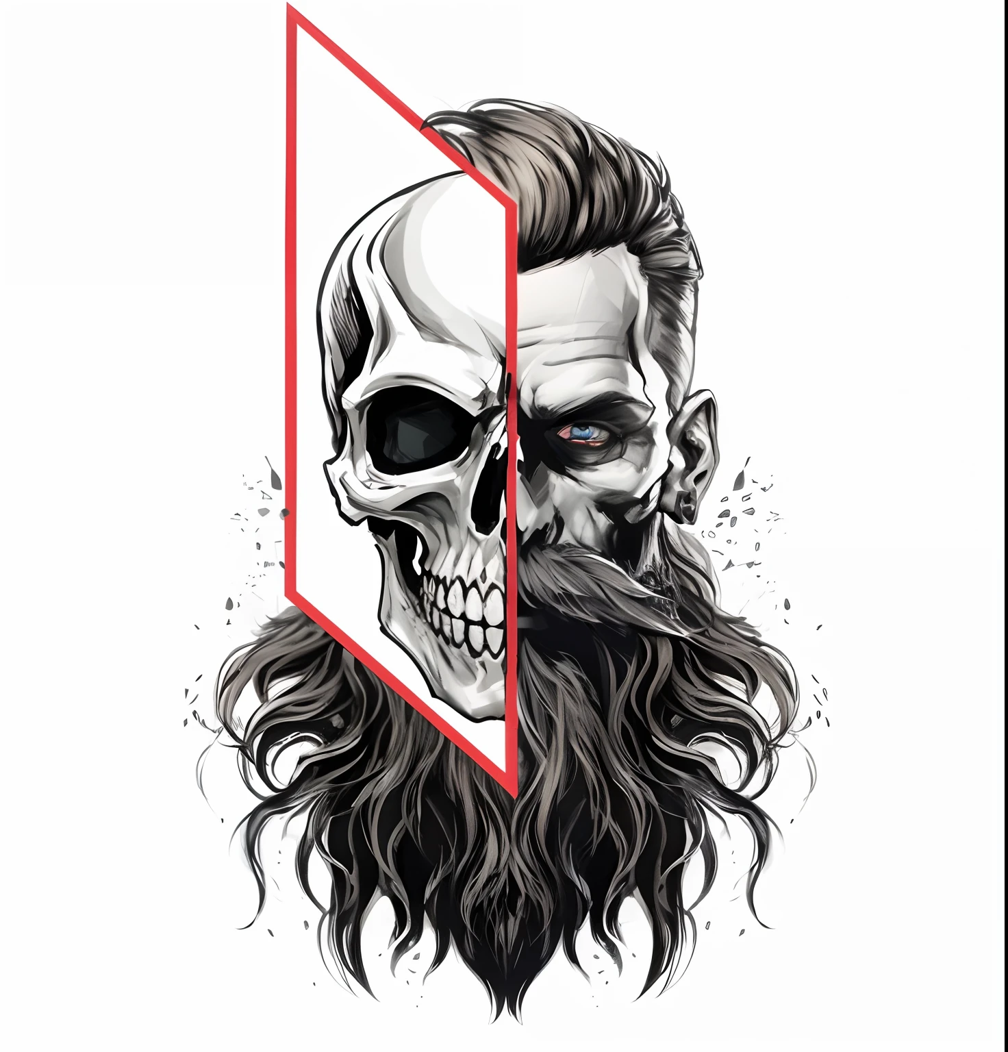 There is a drawing of a skull with a beard and a skull face, skull on the screen, bearded skull, simetria!! Retrato de Hades, skull design for a rock band, half skull face, half skull half face, skull like, Design 3D para tatuagem, desenho digital 2d, Contorno desbotado, colorful illustration for tattoo, skeleton face symmetrical face
