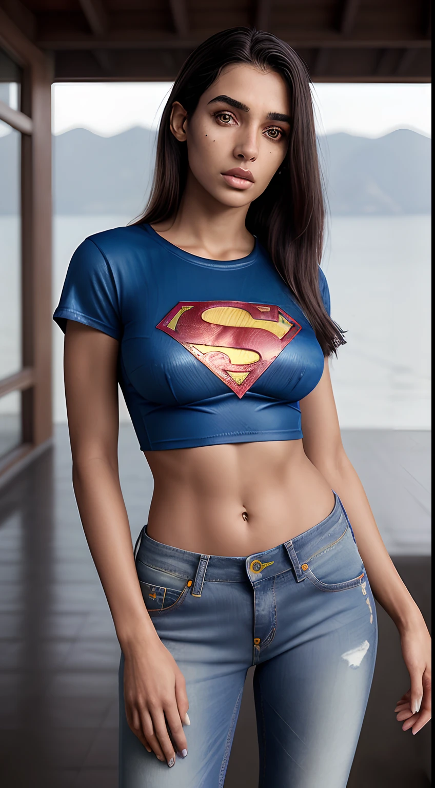 Mulher, bonita, 24 anos, nariz fino, boca volumosa, pele bronzeada, olhos castanhos, cabelo loiro escuro, cabelo longo e liso, wearing Superman T-shirt and jeans, holding a tablet in your left hand, corpo inteiro, melhor qualidade, obra-prima