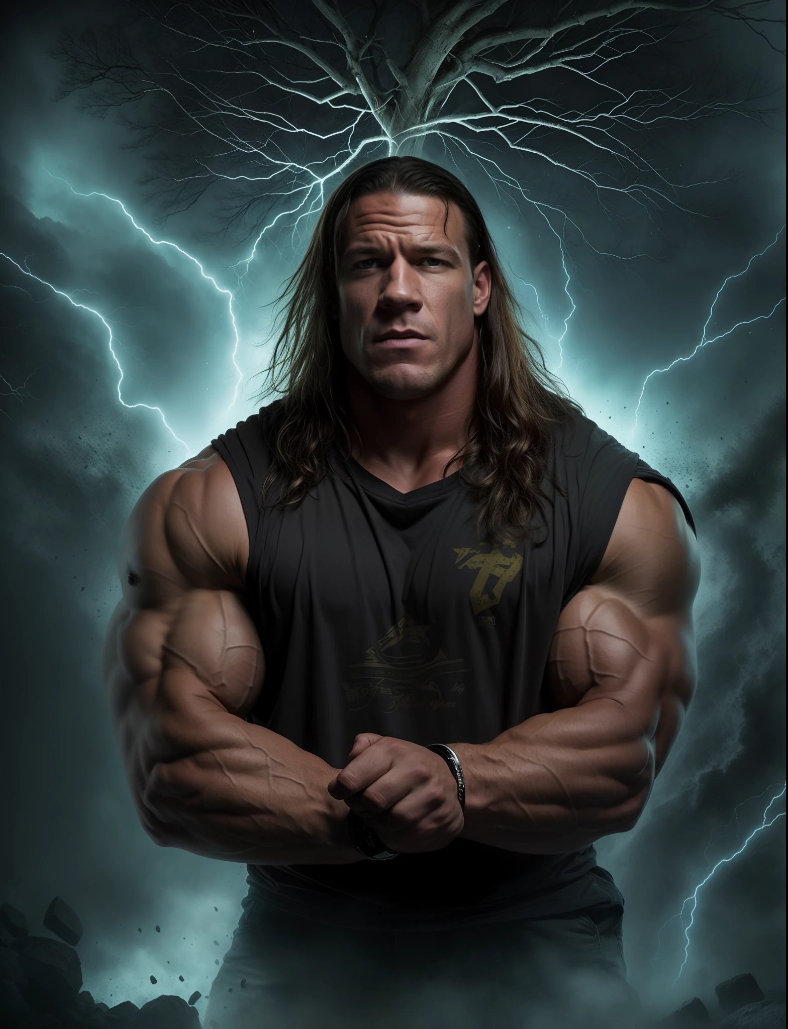 In a picture, Zeus must be holding a bright lightning bolt in one hand, with visible energy beams around the beam, his stern and imposing expression.
