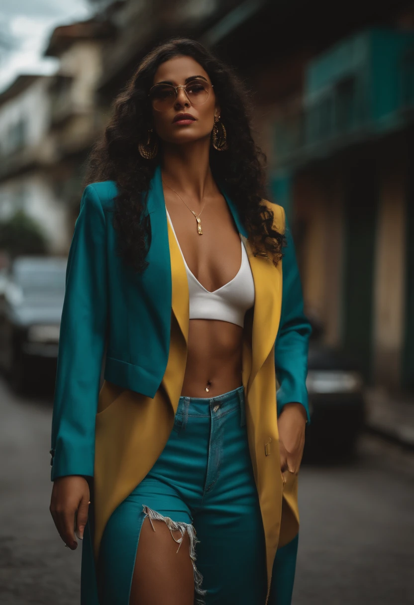 CRIE UMA GANGSTER BRASILEIRA, HIPER REALISTA, dynamic position, Typical clothes of Brazil.