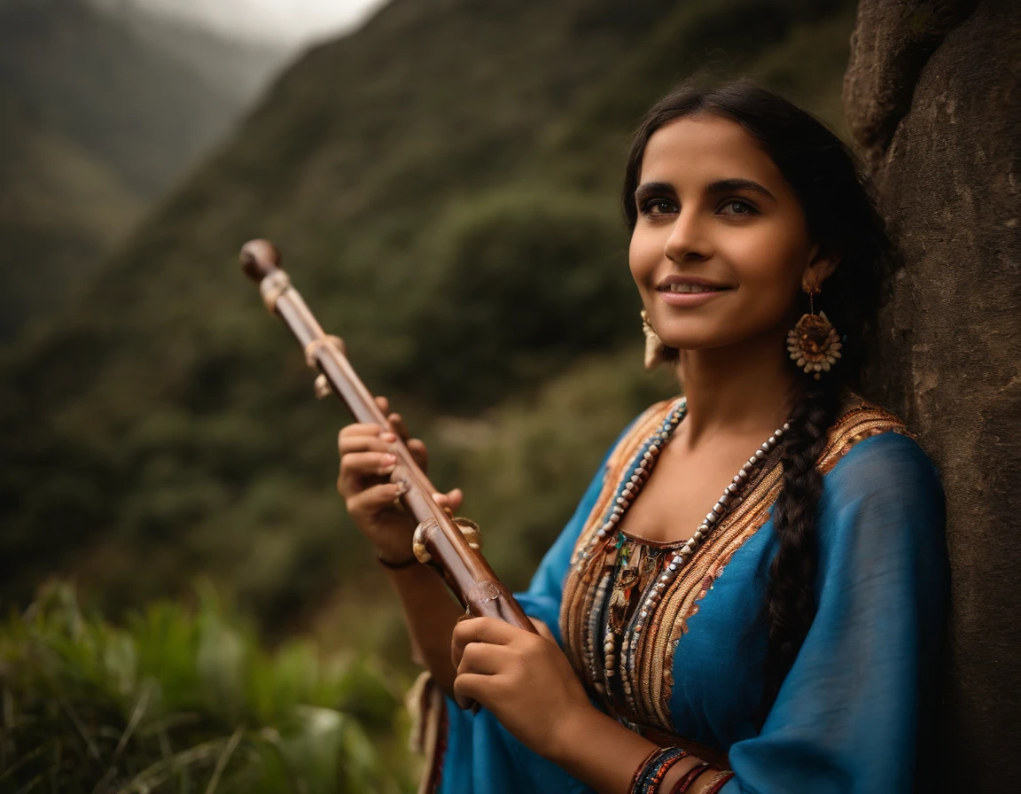 A realistic photograph of a beautiful girl with blue eyes, latina, morena, It's outdoors in Machupichu, El cielo es azul, They are smiling, She has a small waist, She is in Native American Indian short clothing, The girl is a musician, The girl is playing a quena flute, La quena es una flauta, The quena is made of a single piece of wood, La quena tiene 6 agujeros para los dedos, The girl is between two trees, The girl is near a lake, Sin dedos adicionales, Sin manos adicionales, Sin brazos adicionales, Symmetrical pupils