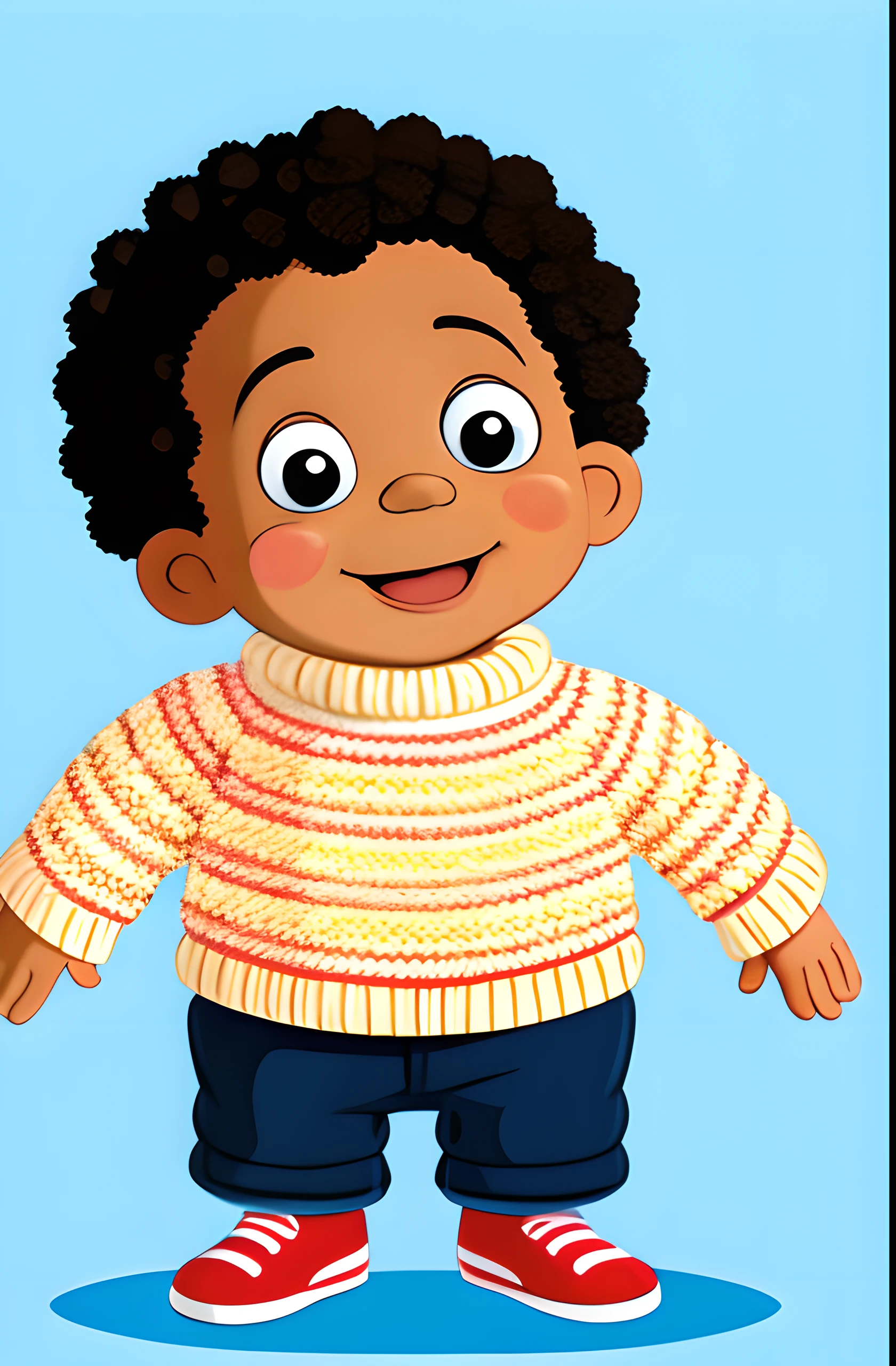 "Create a cartoon-style illustration of a cute baby wearing a knitted sweater. There should be no antecedents, apenas um fundo preto infinito. Usar linhas pretas em negrito, Keep the illustration cheerful, e manter um plano, 2D Appearance."