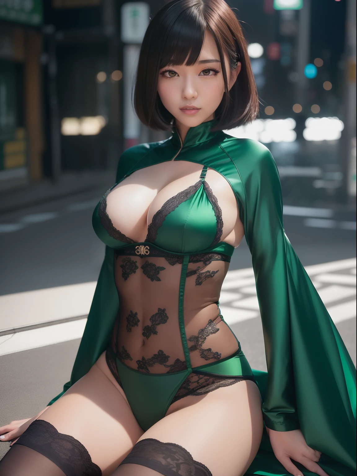 masutepiece,A hyper-realistic,32K,the Extremely Detailed CG Unity 8K Wallpapers, Best Quality,1 Beautiful Japan Woman,Deep Green Satin Lace Bra,Deep Green Satin Lace Panties,Black Leather Over-Knee Boots,Full body, Street, hong kong street, (Film grain:1.2), (Film Overlay:1.3), Night,Smile,Bob Cut Hair