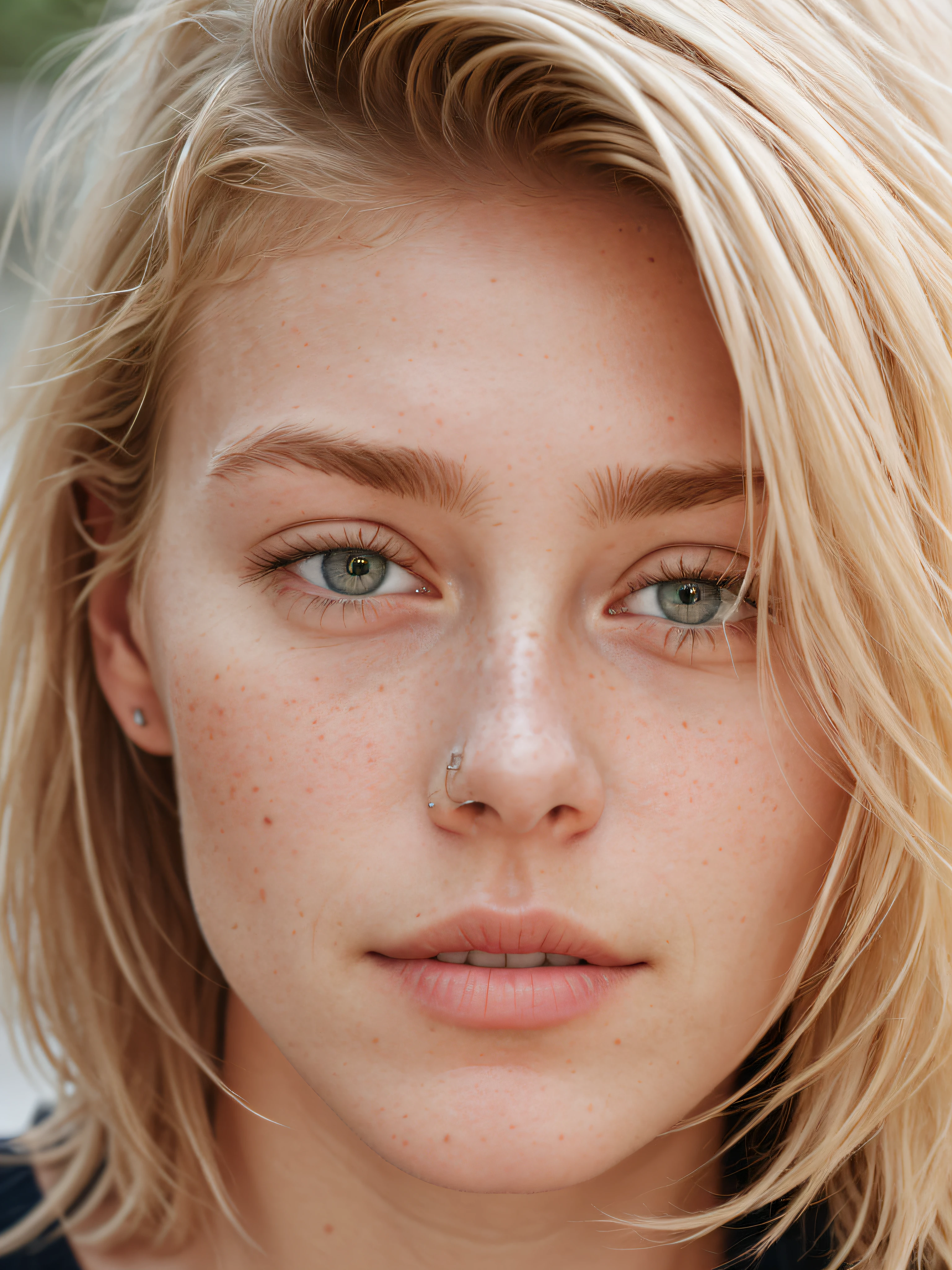 Medium close-up photo, attractive and stunning blonde girl(short and messy hair) Swedish 18 years old, detailed (wrinkles, blemishes! detailed bright eyes, thin nose, (looking at camera), specular lighting, DSLR, ultra quality, sharp focus, sharp, DOF, film grain, centered, Fujifilm XT3, crystalline