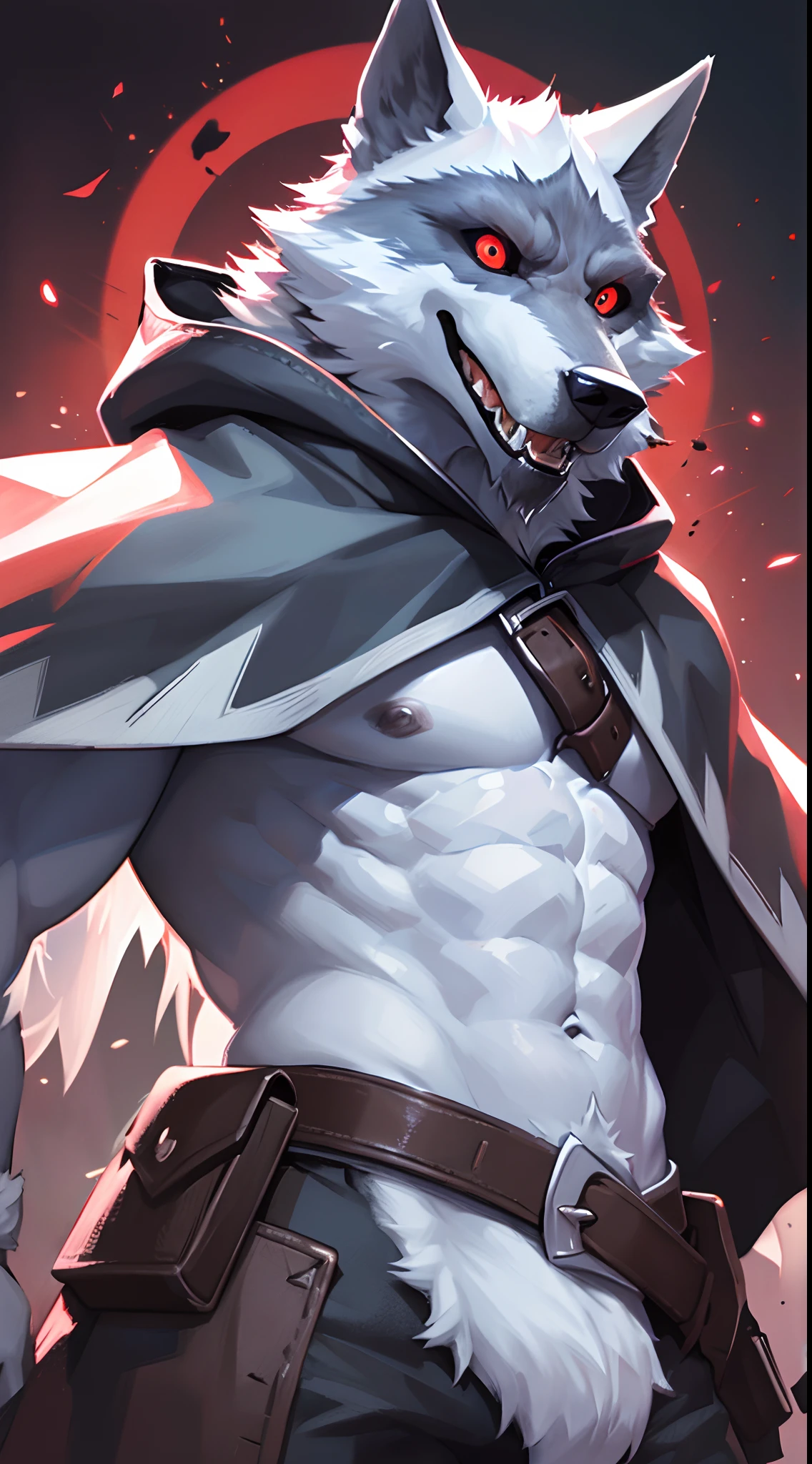 (the ultimate death wolf) best quality, ultra high res,1furry boy， solo，detailed eyes, volumetric lighting, amazing, finely detail, cowboy shot, cloak , white fur, red eyes, white sclera, bright pupils, bright atmosphere, muscular, upper body, from below