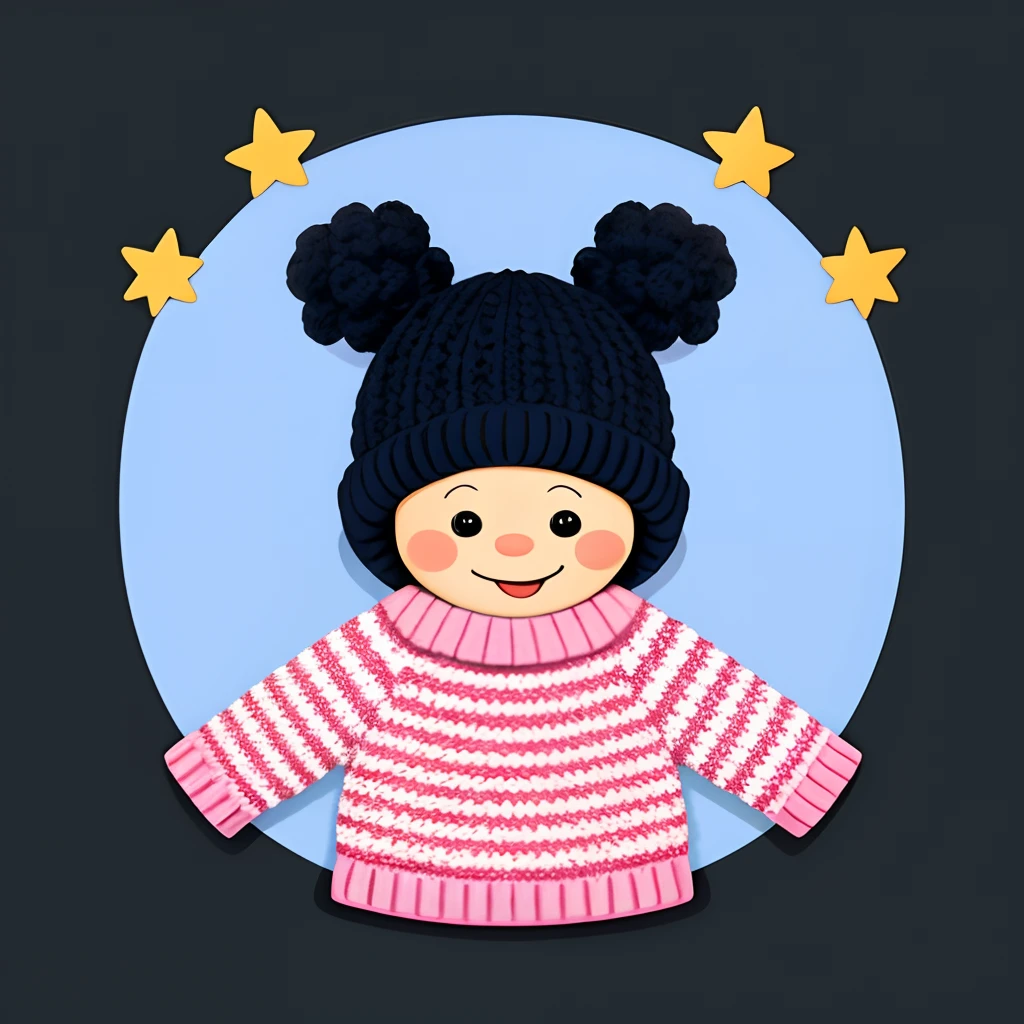 "Create a cartoon-style illustration of a cute baby wearing a knitted sweater. There should be no background, just an infinite black backdrop. Use bold black lines, keep the illustration cheerful, and maintain a flat, 2D appearance."