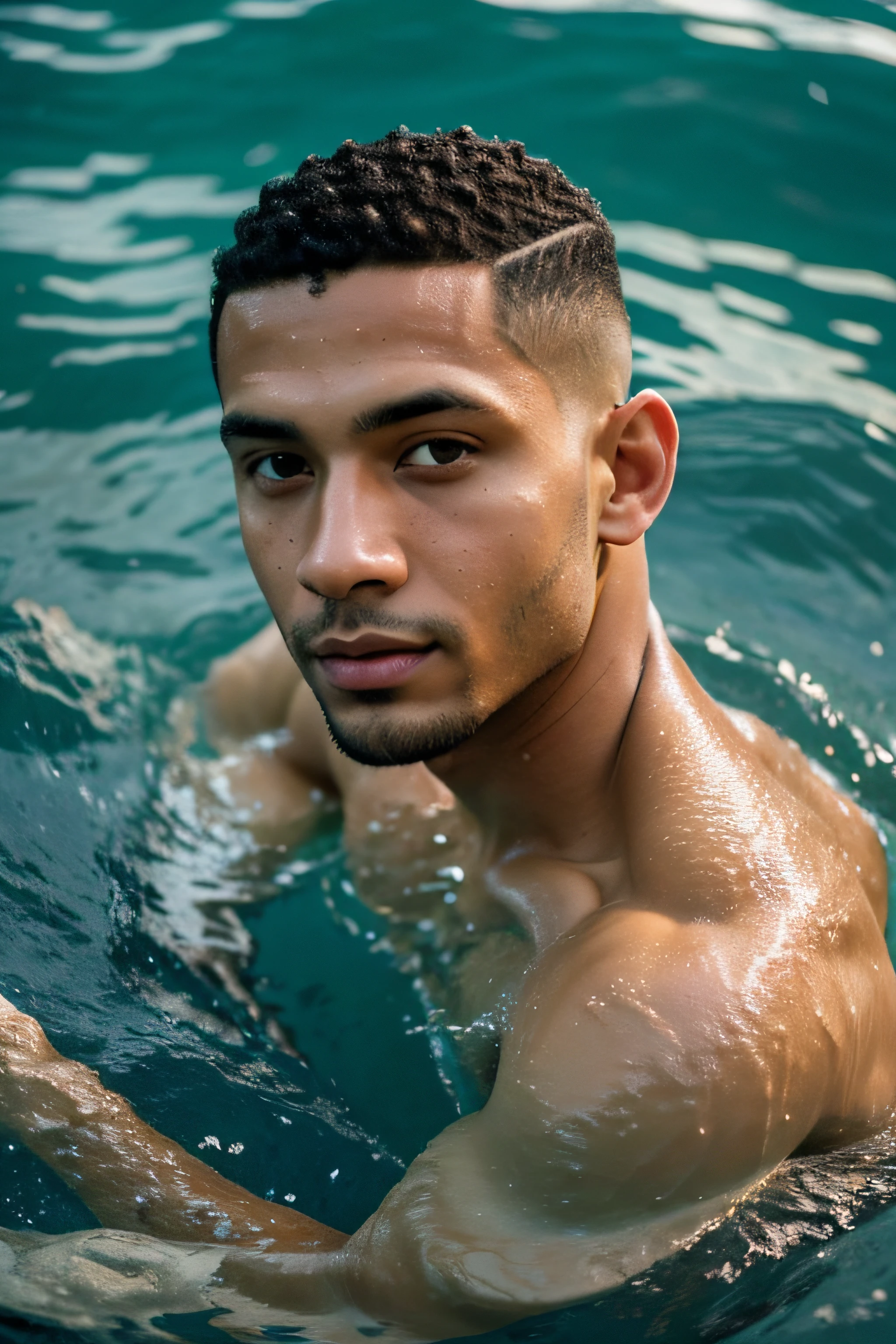 high quality handsome light skin mixed race man with short hair, taking a sea bath in waist-deep water, looking at the camera