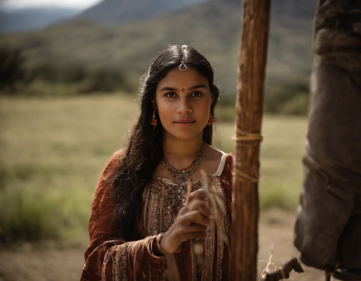 A realistic photograph of a beautiful girl with blue eyes, latina, morena, They are outdoors in Machupichu, El cielo es azul, They are smiling, She has a small waist, She is in Native American Indian short clothing, The girl is a musician, The girl is playing a quena flute, La quena es una flauta, The quena is made of a single piece of wood, La quena tiene 6 agujeros para los dedos, The girl is between two trees, The girl is near a lake, Sin dedos adicionales, Sin manos adicionales, Sin brazos adicionales, Symmetrical pupils
