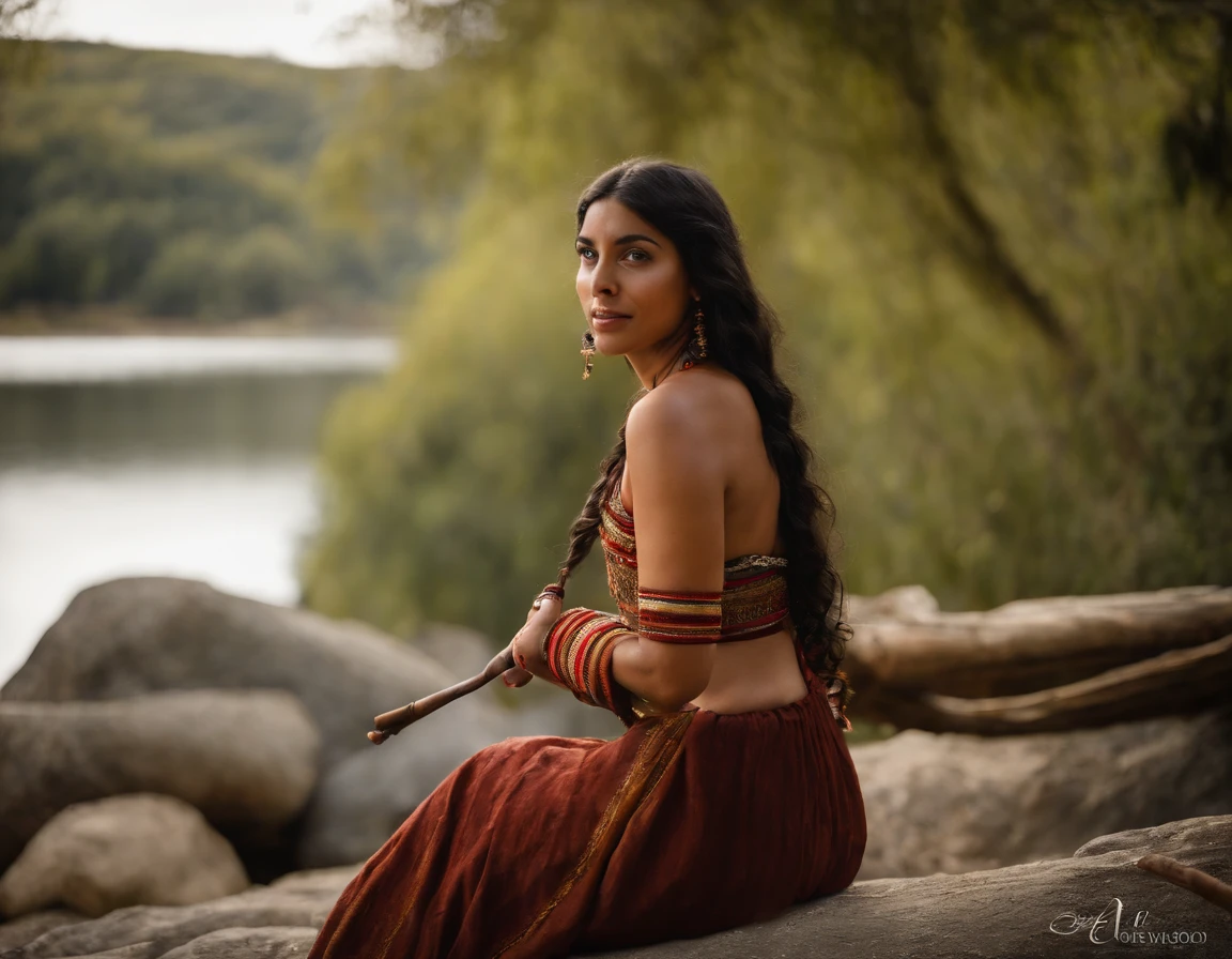 A realistic photograph of a beautiful girl with blue eyes, latina, morena, They are outdoors in Machupichu, El cielo es azul, They are smiling, She has a small waist, She is in Native American Indian short clothing, The girl is a musician, The girl is playing a quena flute, La quena es una flauta, The quena is made of a single piece of wood, La quena tiene 6 agujeros para los dedos, The girl is between two trees, The girl is near a lake, Sin dedos adicionales, Sin manos adicionales, Sin brazos adicionales, Symmetrical pupils