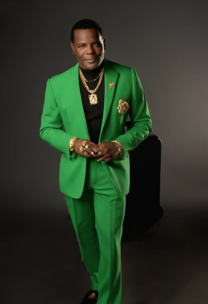 Singer of the 60s Marvin gay known for his innovative style, with a gold chain around his neck dressed in his traditional green blaizer black man SINGER MARVIN GAY WHO SHINED IN THE 60S LOOKING FACEDLY IN FRONT OF THE SCREEN EXPLANATION EYES MOUTH CLOSED BLACK SINGER MARVIN GAY ICONE, masterpiece',