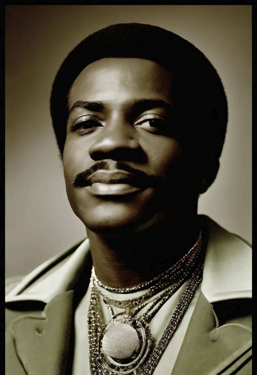 Singer of the 60s Marvin gay known for his innovative style, with a gold chain around his neck dressed in his traditional green blaizer black man SINGER MARVIN GAY WHO SHINED IN THE 60S LOOKING FACEDLY IN FRONT OF THE SCREEN EXPLANATION EYES MOUTH CLOSED BLACK SINGER MARVIN GAY ICONE, masterpiece',