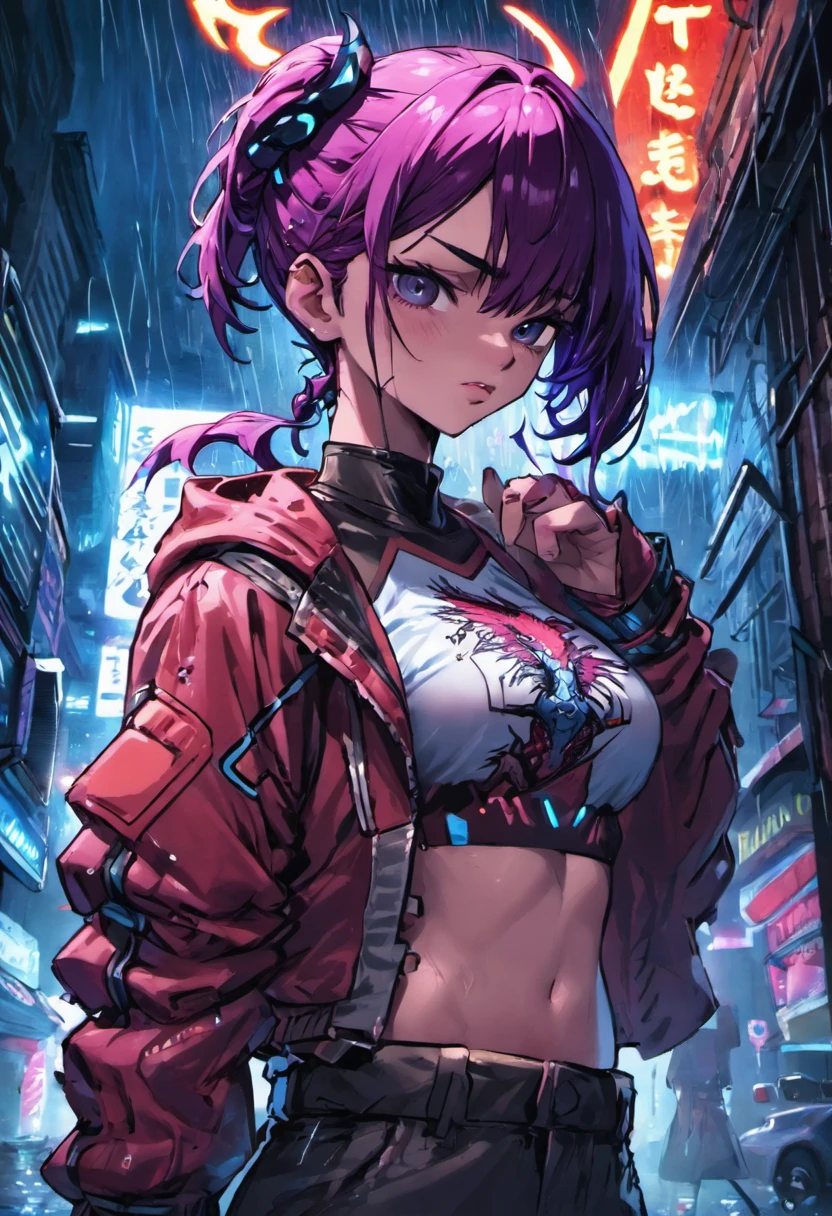 (Extremamente detalhado, melhor qualidade)fotografia de close-up, jovem mulher cyberpunk confiante com cabelos brancos cm mechas azuis e um coque, usando uma camisa da nike branca com desenhos vermelhos e azuis,with a dragon tattoo on his chest ,on a rain-soaked street at night, fotorrealista, Cinematic lighting