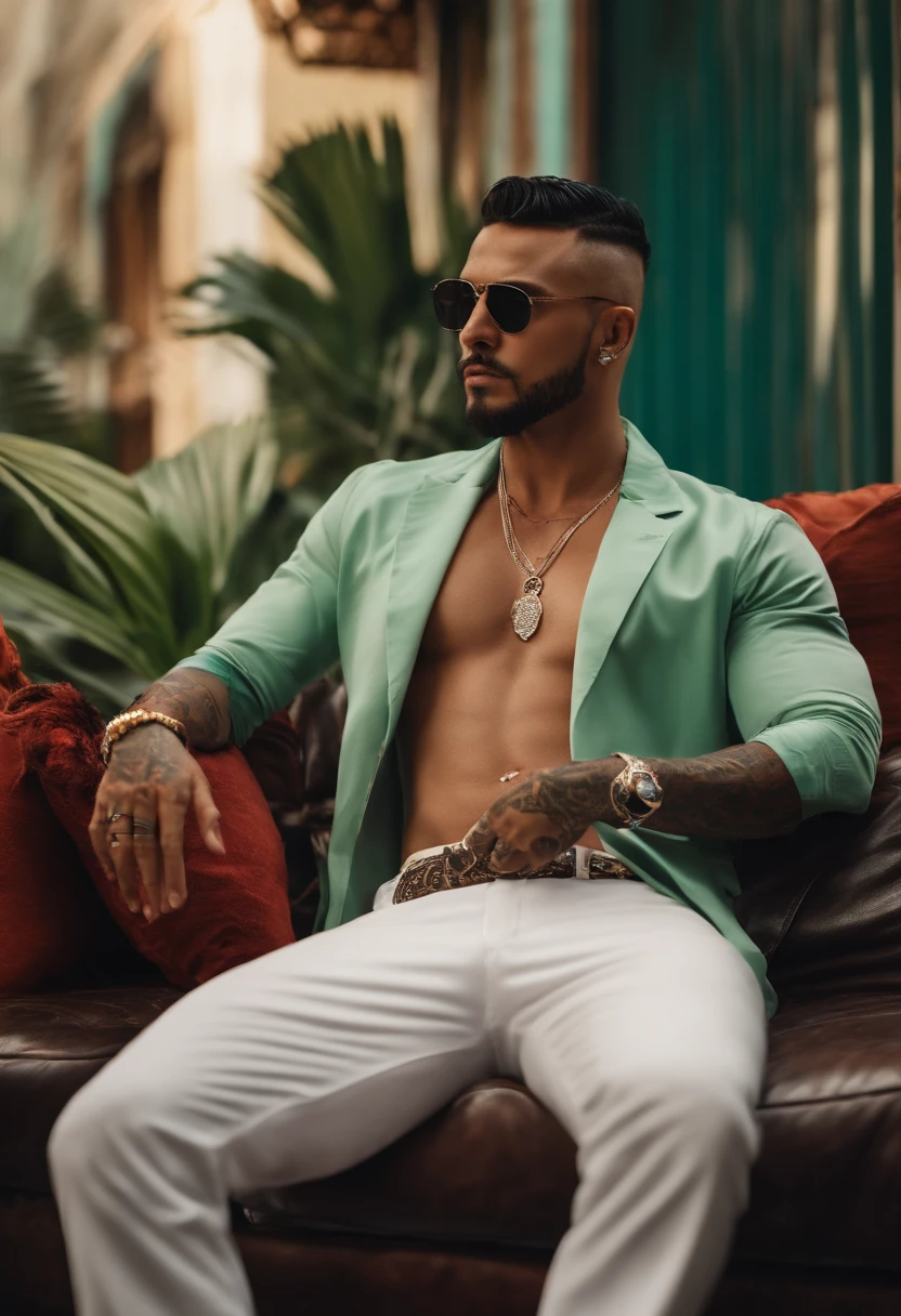 VELHO BRASILEIRA, TATUADA, GANGSTER, ROUPAS TROPICAIS, HIPER REALISTA, dynamic position, sitting on a couch
