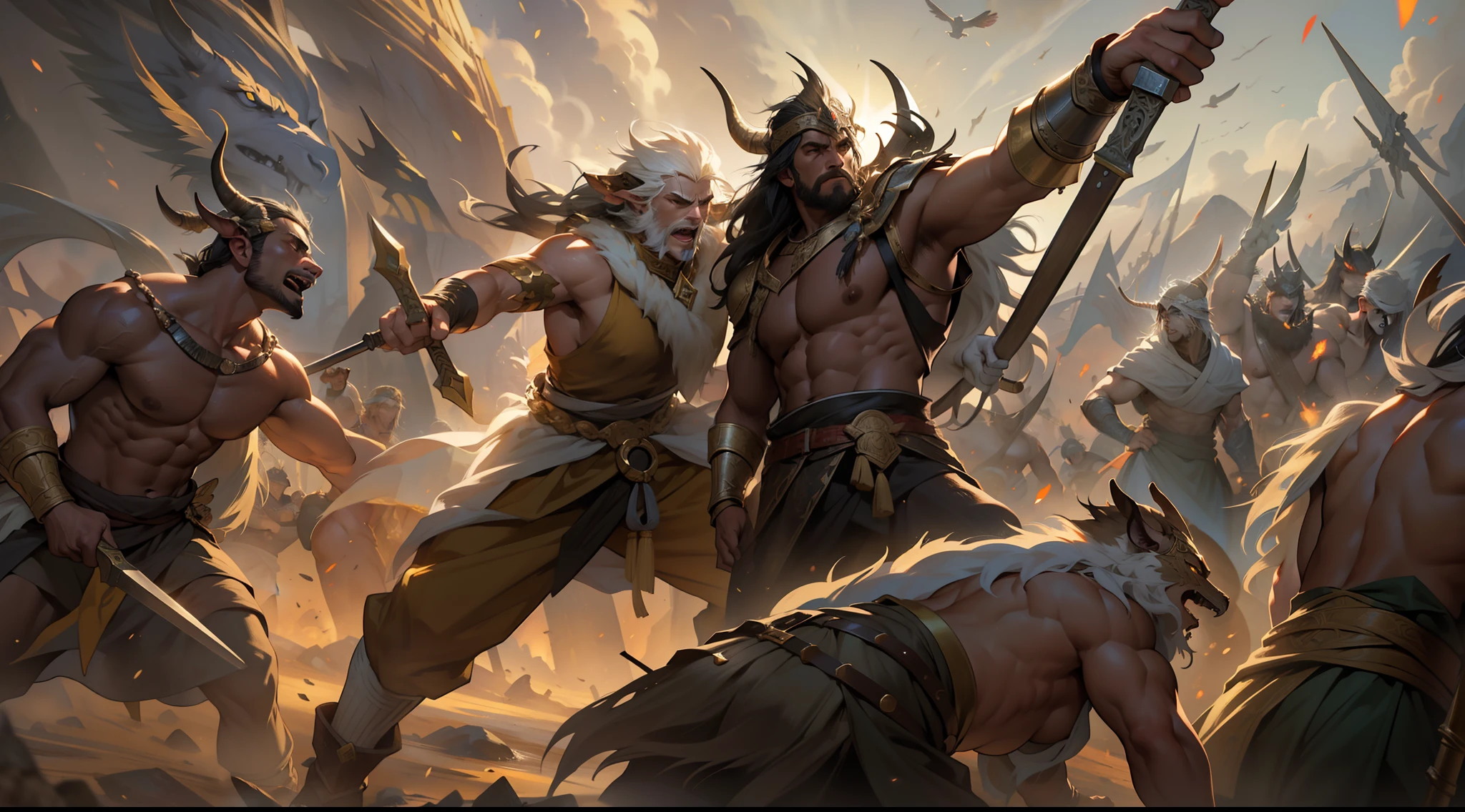 (a melhor qualidade, high resolutions, fotorrealista:1.37), Ultra detalhado, Machados de guerra vikings, Celestial radiation, guerreiros ferozes, Campos de batalha antigos, Guerreiros do Divino, epic showdown, intense power, Historical war, dramatic lighting, Mystical aura, Armas divinas, Mythical battlefields, Legendary fight, Heroic champions, guerreiros destemidos, Lendas antigas, Grito de guerra, Triumph and glory, atmosfera imersiva, Epic combat, Amazing scene, Mythical warriors, Old Norse, Film-like composition, energia intensa, mythical heroes, mythical creatures, Fierce determination, Awesome action, dinamic poses, Confronto monumental, ethereal beauty, Mythical realms, Mythical force, divine intervention,Bestas Sobrenaturais,A Guerra dos Mundos,Minotauro,Hidra,Centauro,Magical Beasts,Montruos terorificos |,Fierras