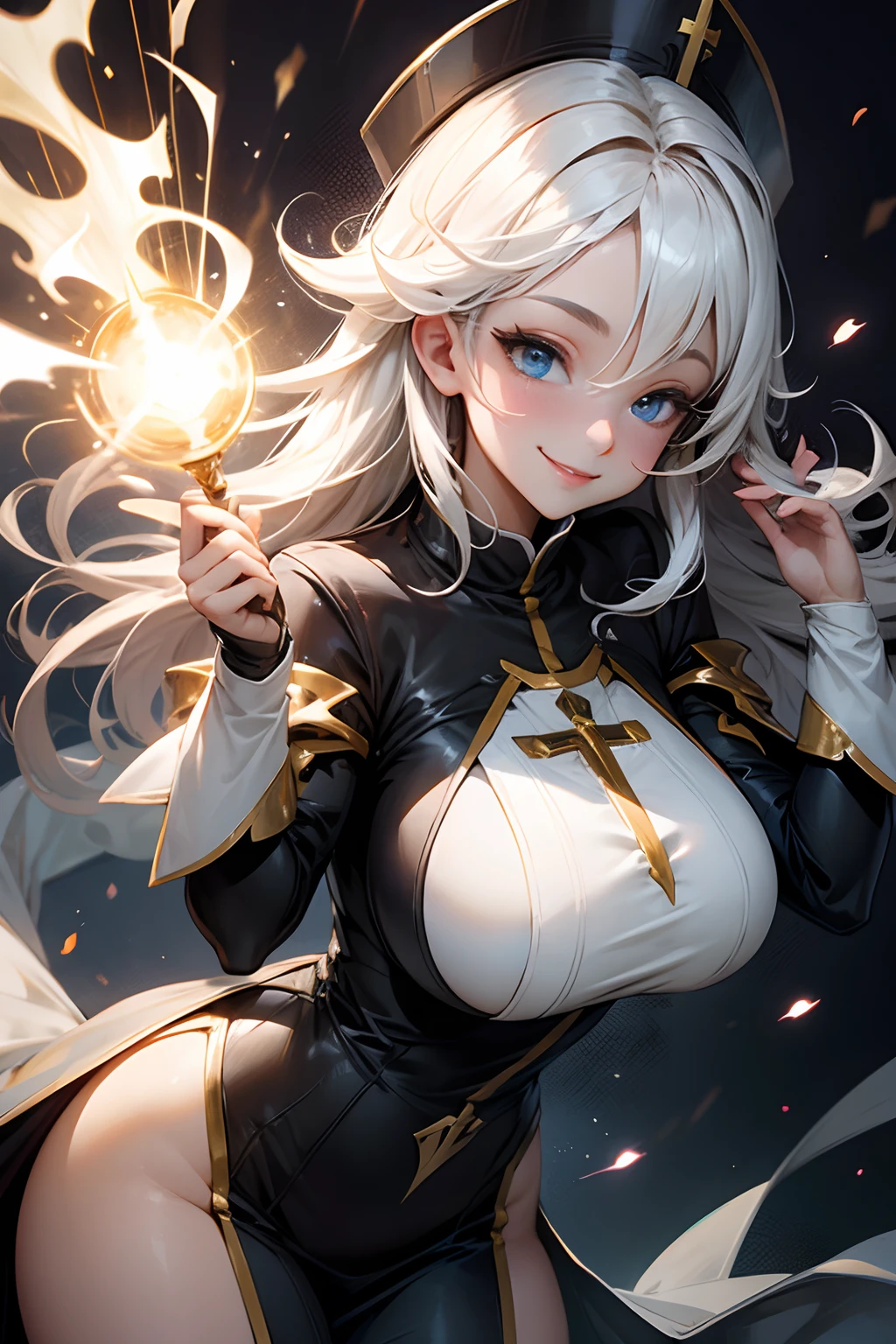 Priest, beautiful woman, smiling, big breasts, flashy effects