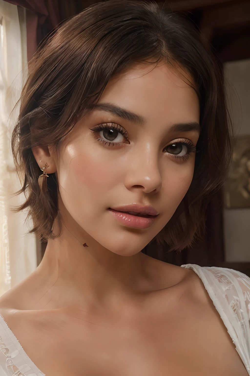 a blushing woman with short hair, flawless olive skin, (she's taken waist up and surprised peaking under her blankets), most beautiful woman on earth, she carefully lifts corner of blanket, long hair bangs, (she has joyful surprise expression), a stunning female , short hair, Her skin is smooth and radiant, (she's happily curious fondling (looking under sheets)),white sheer fabric drapery background, (highest quality fabric texture), lush drapery with accent highlights, flowy, lovely, film quality, sun-kissed blush skinned woman, (ultra-realistic , she's in deep darkness ,soft accent window light, gorgeous Rembrandt style lighting, (Rembrandt patch), (highest quality fabric texture), matte gray fabric, Her luscious hair, framing her face, ultra-realistic, adorned with long, fluttering lashes, the color of sunset, a world of seduction and passion. Finely detailed,(Fine-grained), (highest detail skin texture peach-fuzz earlobe realistic) ○○ res – ultra high high resolution , very high texture res(light resolution), Realistic – Realistic Photorealistic hands and fingers – (photorealistic beautiful 4k) , 8K,extreme detail, close and intimate, captivating, teasing, Her perfectly sculpted lips, lifelike, highly real lipgloss,painted a bold shade of crimson. she is Ingres, Vermeer, a work of art, curvaceous and enticing. indulge in the exploration of desire.solo woman, (highest quality fabric texture), short dark hair, every detail,Fine facial features, Masterpiece – Masterpiece ○○ quality – ○○ quality best quality(Highest Quality) ,Leica film, best, solo female, High quality (hiquality) etc ○○ detailed – ○○ details ultra detailed(Ultra-fine ), Photorealistic, Extremely detailed(Extremely detailed) , Finely detailed(Fine-grained), (highest detail skin texture peachfuzz earlobe realistic) etc ○○ res – ○○ resolution ultra high res(A high resolution) , very high texture