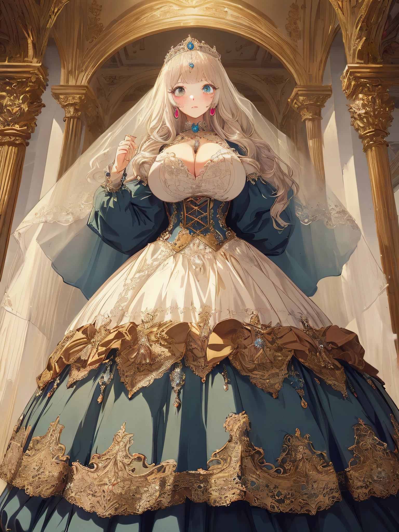 ((anime artstyle)),(Masterpiece),(Best Quality), (Super Detail),((Very Delicate and Beautiful)),1 girl,((full body portrait)),standing in palace of versailles,((solo)),cute,kawaii,digital art,(((1 princess in gorgeous princess rococo ballgown with voluminous full length hoop skirt))),((crinoline)),long train,((beautiful embroidery and jeweled)),voluminous frills,See-through,(gorgeous embroidery and beautiful lace),(((gigantic tits,,Long tits,skindentation))),((large amount of straight hair,extremely voluminous Hair,Very Long Straight Hair)),((finely detailed face and eyes)),clear pupil,extremely gorgeousfull hair ornament,(bling-bling jeweled extremely gorgeousfull tiara),(bling-bling gorgeous gemstone jewelry),long veil,(beautiful background),full body,((gorgeous princess rococo ballgown with voluminous full length hoop skirt))