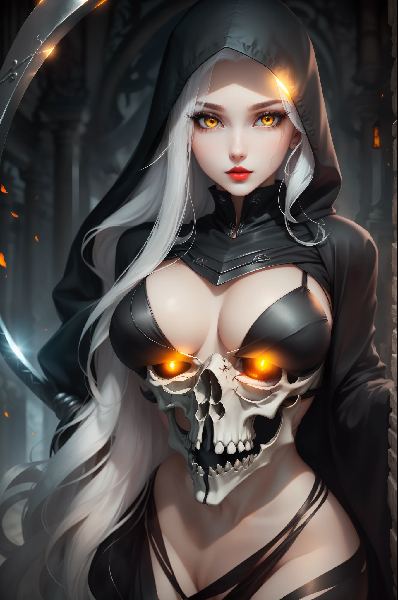 ((Beautiful goddess of death))(she has big glowing yellow eyes)(white pale skin)(red lips) (very long straight platinum hair)((very huge breasts)) (perfect slim body) (she wears, black hood, black long sexy robe and long black stockings)(hold on hand a giant scythe ornamented with bones)(she is inside a dark and goomy temple) (high definition, volumetric lights and dinamic shadows)((masterpiece))(8k)(perfect face)(ultra details) (perfect hands, eyes, and face) --auto --s2