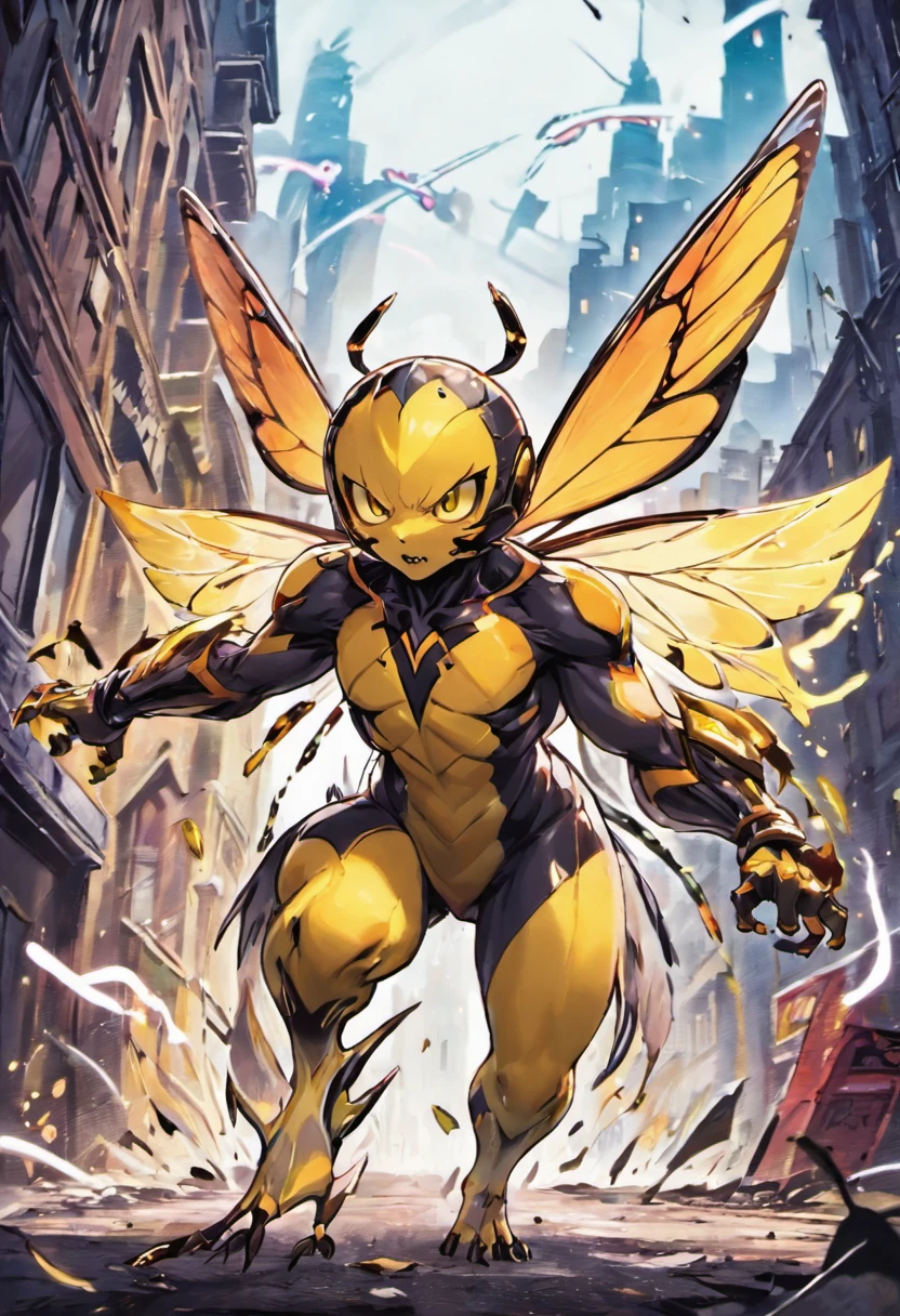 HD clear, best images, illustration quality, super detailed, butterfly monster, skinny shape, wasp-like monster, yellow and black scale covering the whole body, big leafs running through the body, tail with vine at the end, sharp claws and fangs, rainbow wings, perfect body shape, destroying a city, with a ruined city in the background ((concept art))