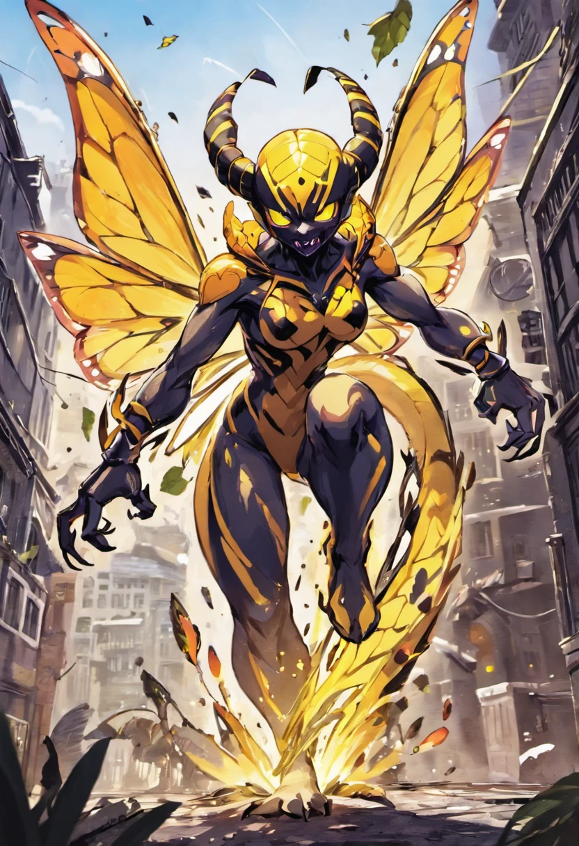 1girl, (huge chest), long legs, thick legs, bee superhero theme, (bodysuit) bee wings, sting, yellow, cyand, brown, dark gray, pink, short pink hair with insect antennae, bee makeup face, cameltoe, sleeve, sparks, shiny particles, bees, honey spilled on chest, (((city))), third ruler, full body, bright colors, big ass