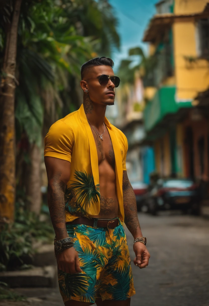 CRIMINOSO BRASILEIRA, TATUADA, GANGSTER, ROUPAS TROPICAIS, HIPER REALISTA, dynamic position, SENTADA NA RUA