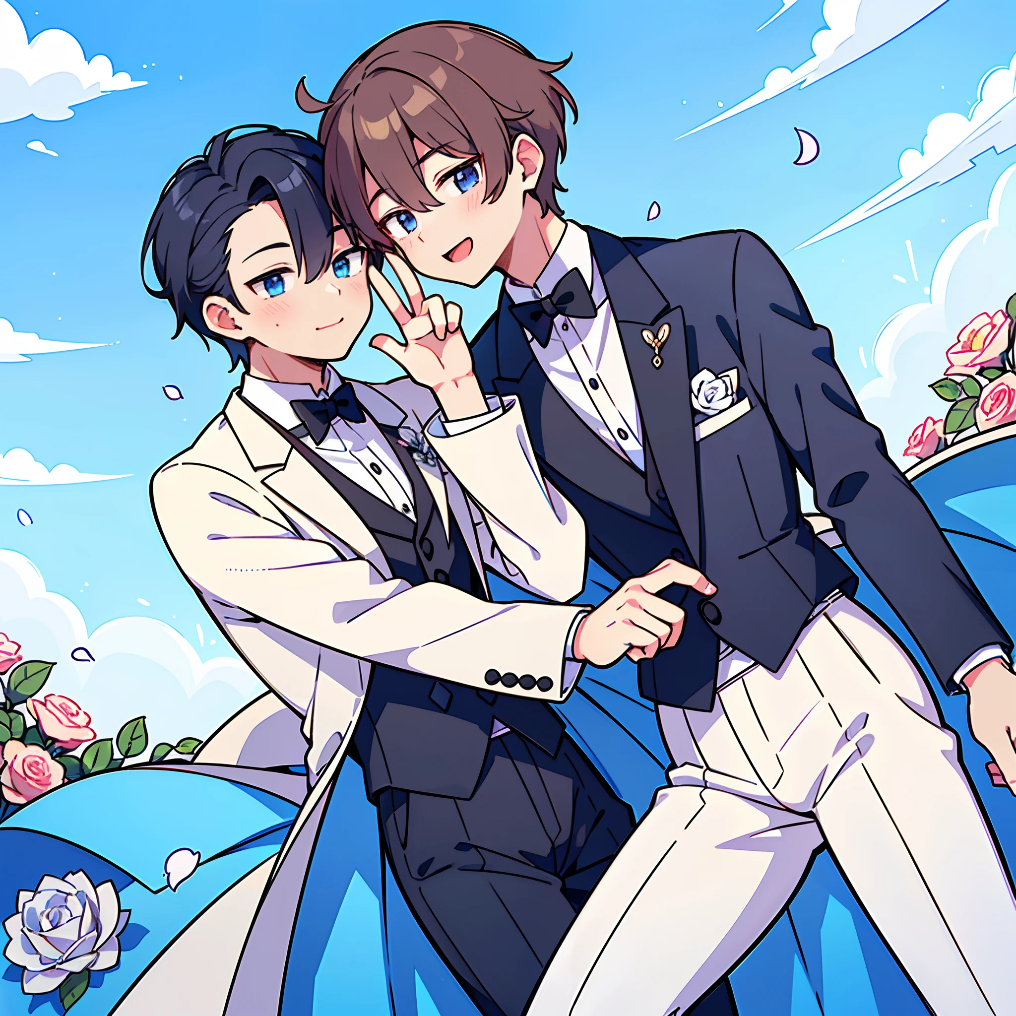 (Masterpiece), (best quality), ((super-detailed)), (very fine 4Ksuper fine illustration), (2male:1.5), ((handsum male)), gay male relationship, (yaoi pose), (white tuxedo:1.3), tuxedo style, ((pure white tuxedo suit)), white flowers, white roses, male face,male hair,looking at another,smile, blush, blue sky, flower blizzard, wind,scenery