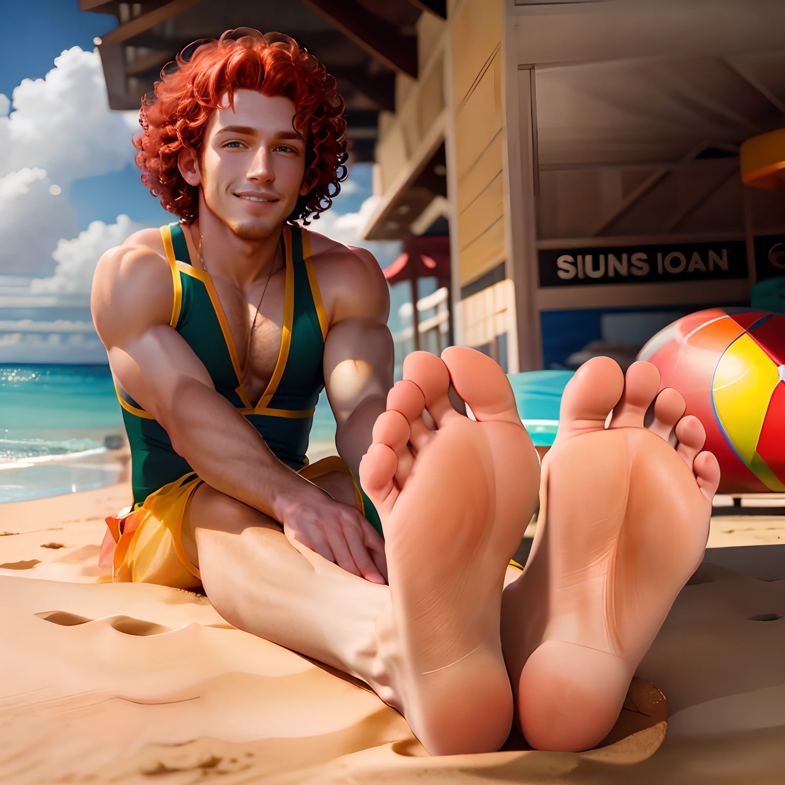 masterpiece, best quality, 1 man, red hair, curly hair, short hair, green eyes, yellow swimsuit, smile, sitting, feet up, soles, beach, ocean, sand,beach ball, sea in background.