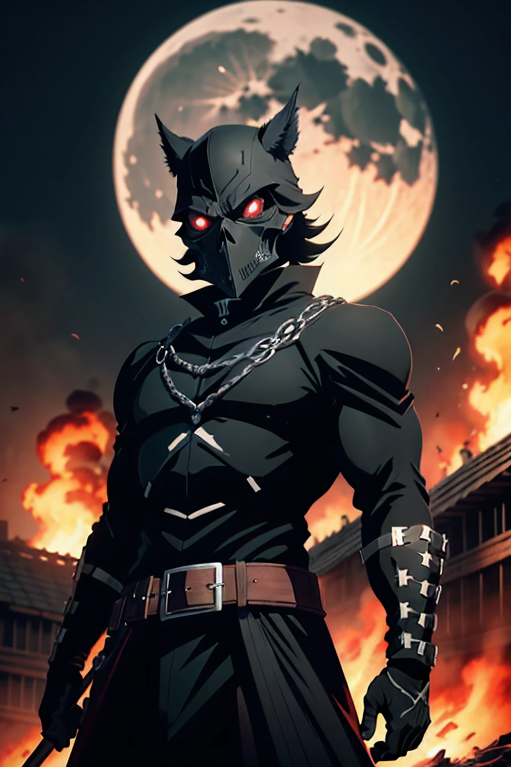 Man, Demon Slayer, Uniform, All Black Coloured Uniform, Using Black Gloves, Black Coloured Hair, Unique Hairstyle, Huge Scar, Dark Skull Mask, Dark Skull Mask, Dark Skull Face, Black Coloured Eyes, Moon Breathing, Destroyed Buildings in Background, 8k, Best Details, Cinematographic Lighting, Best Drawing, Wood Buildings on Fire, Skull Mask, Dark Skull Mask, Fire Skull Mask,