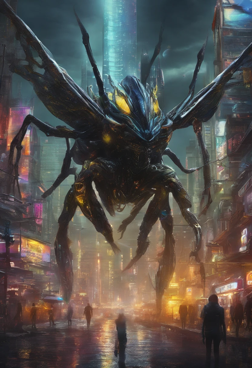 HD clear, best images, illustration quality, super detailed, butterfly monster, skinny shape, wasp-like monster, yellow and black scale covering the whole body, big leafs running through the body, tail with vine at the end, sharp claws and fangs, rainbow wings, perfect body shape, destroying a city, with a ruined city in the background ((concept art))