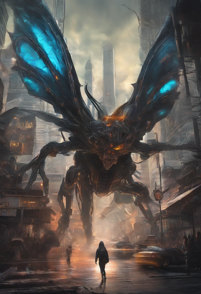 HD clear, best images, illustration quality, super detailed, butterfly monster, skinny shape, wasp-like monster, yellow and black scale covering the whole body, big leafs running through the body, tail with vine at the end, sharp claws and fangs, rainbow wings, perfect body shape, destroying a city, with a ruined city in the background ((concept art))