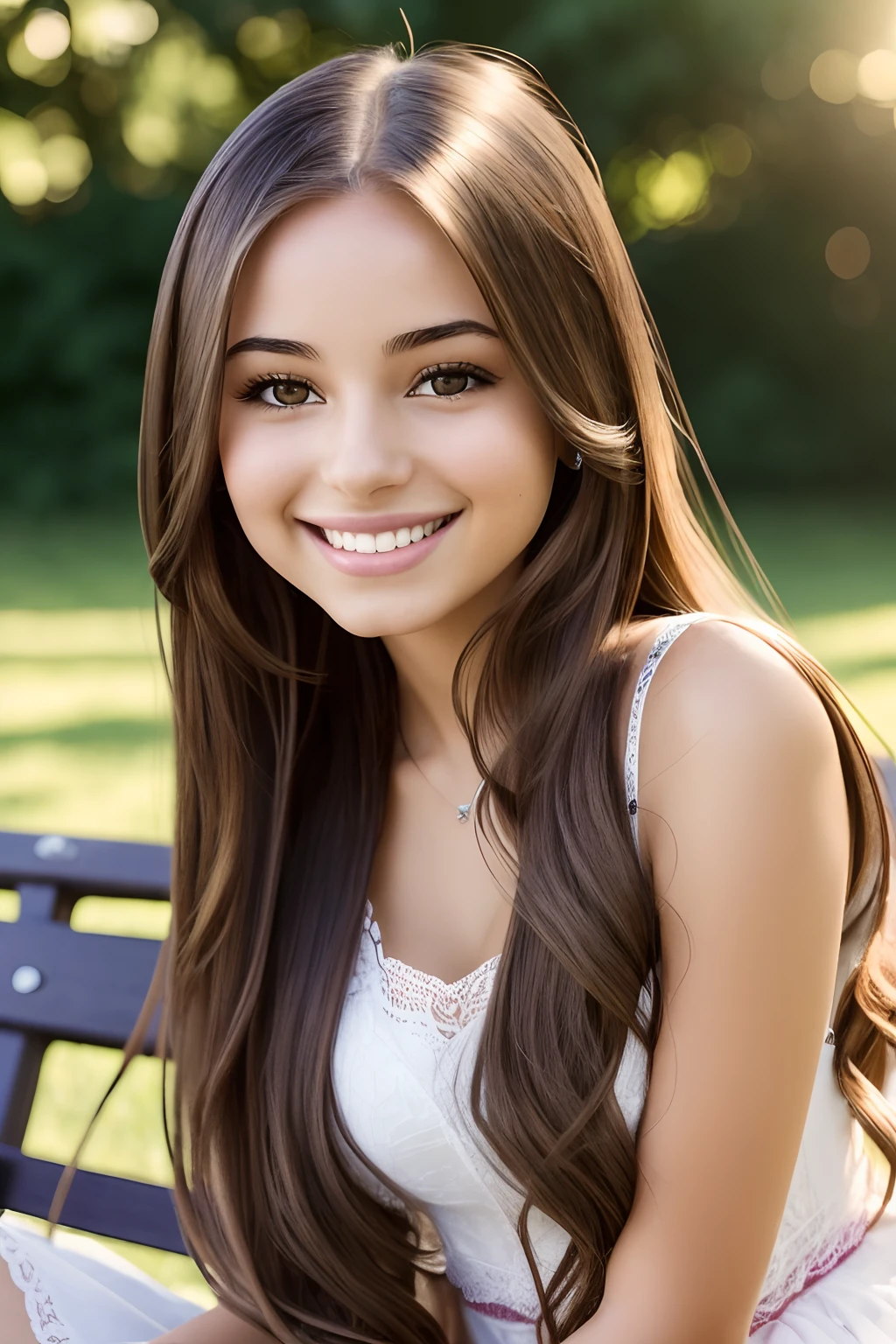 arafed woman with long hair smiling and sitting on a bench, beautiful and smiling, cute seductive smile, portrait sophie mudd, smiling young woman, gorgeous latina face, beautiful smiling face, soft portrait shot 8 k, cute young woman, smiling girl, girl with brown hair, a cute and beautiful young woman, her hair is natural disheveled, lovely smile