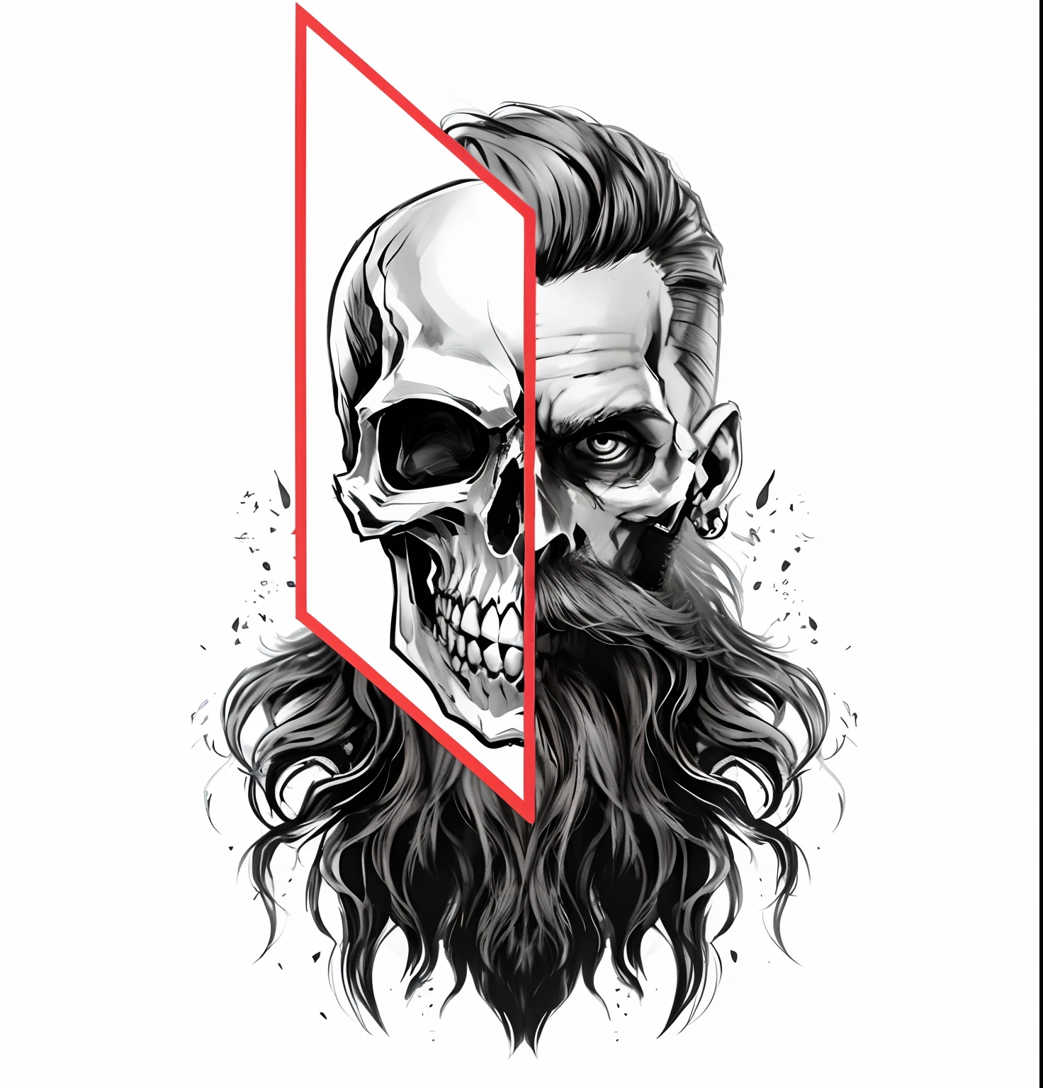 There is a drawing of a skull with a beard and a skull face, skull on the screen, bearded skull, simetria!!, half skull face, half skull half face, skull like, Design 3D para tatuagem, desenho digital 2d, Contorno desbotado, colorful illustration for tattoo, skeleton face symmetrical face, extremely high quality, 4k