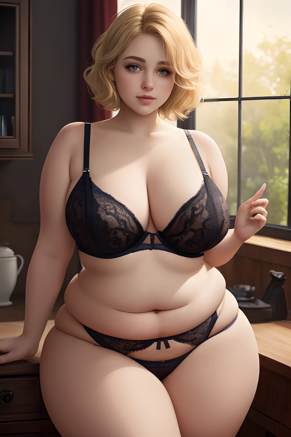 masterpiece, best quality, photorealistic, solo, (detailed eyes:0.9), cute beautiful face, plump face, young, chubby, thick, sexy, sexy pose, chubby belly, curvy, lingerie, fat rolls, belly rolls, love handles, muffin top, blonde short hair, curvy hair, thunder thighs