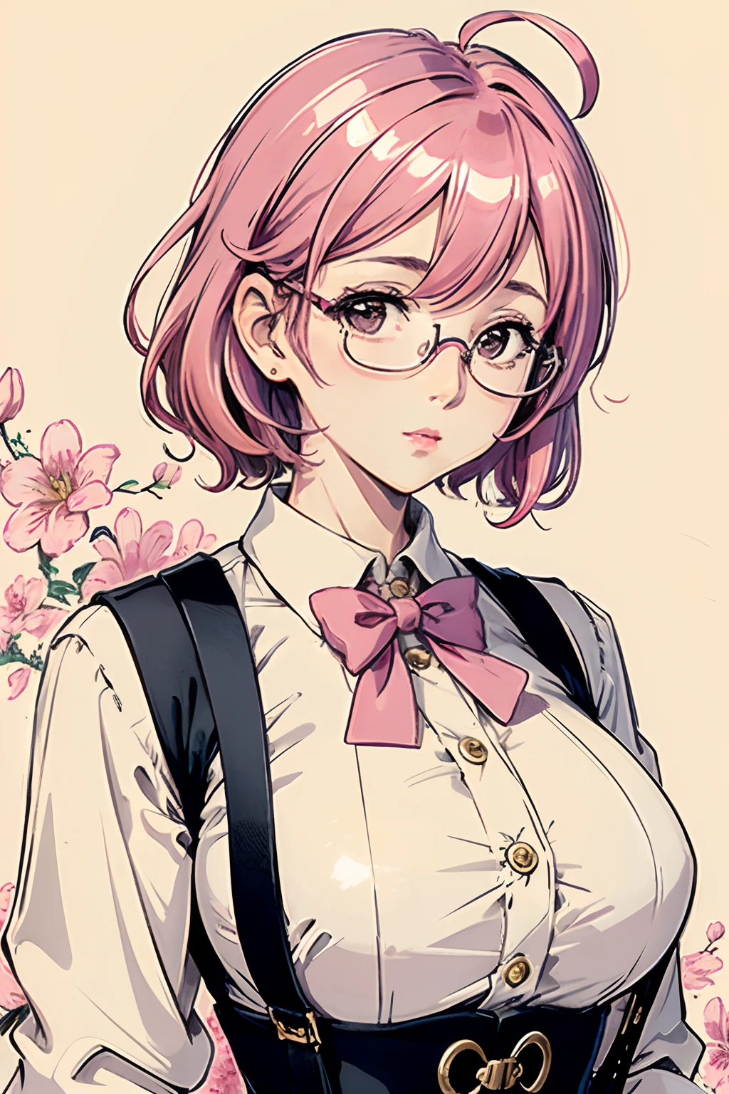 (masterpiece:1.2, best quality), (dinamic lighting) 1lady, solo, short hair, big breasts, (shiny skin:1.2), upper body, glasses, modern, wavy pink hair,pink Suspenders, flower on ear, harajuku style, hair pin, loli ,ahoge