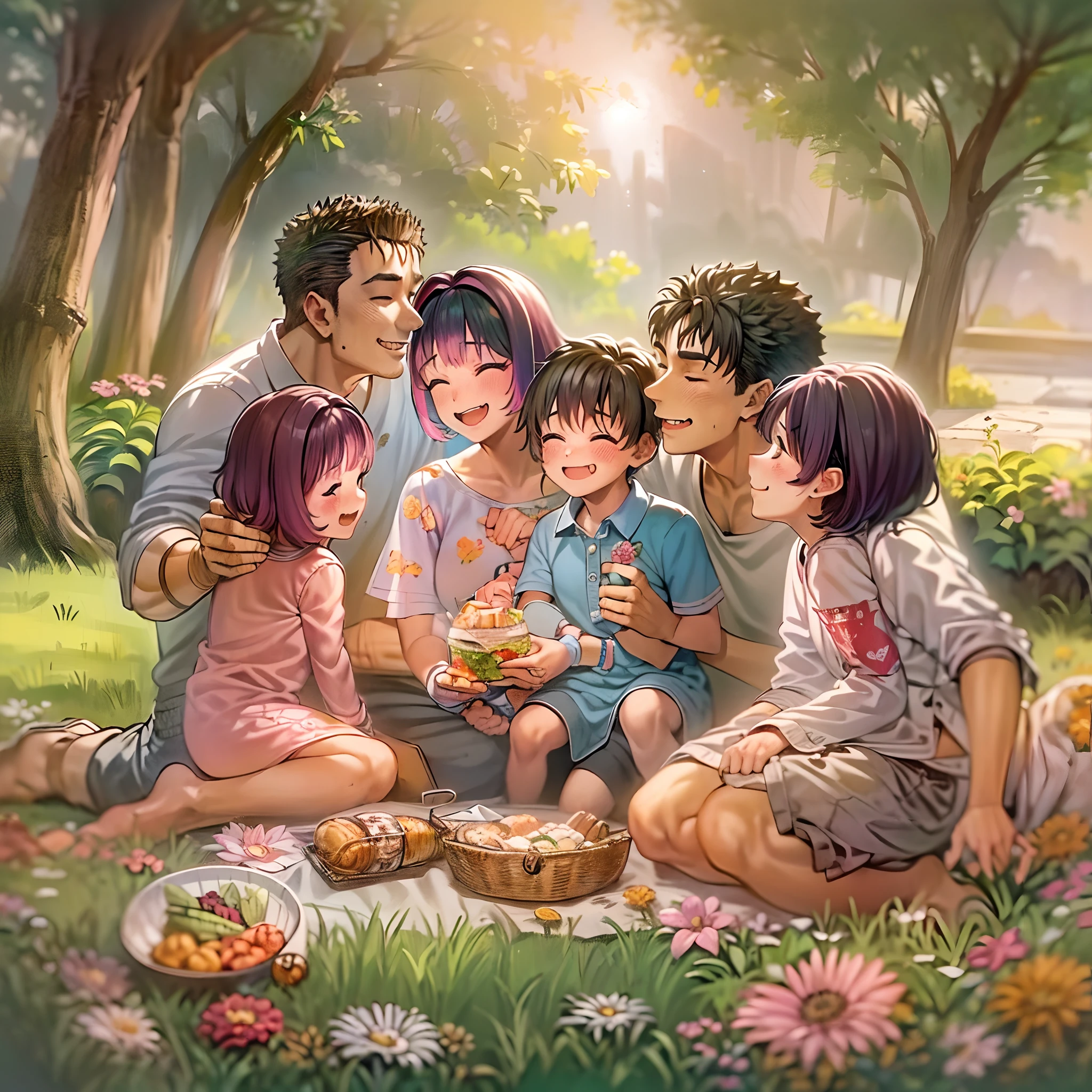 (a happy family in a picnic garden),(riamu as a motherly figure),(riamu and her husband spending quality time),(a couple enjoying the outdoors),(riamu's children playing and having fun),(guts as a loving and caring father),(a loving husband and wife),(riamu and her son sharing a joyful bond),(a happy and harmonious family),(the joyful laughter of children),(the warmth of family bonds),(a picturesque garden scene),(the vibrant colors of nature),(the soft sunlight filtering through the trees),(a peaceful and serene atmosphere),(guts and riamu surrounded by blooming flowers),(the scent of freshly cut grass),(a delicious picnic spread with a variety of food),(the sound of birds chirping),(the feeling of grass beneath their feet),(the love and happiness radiating from the family),(a moment of pure joy and togetherness),(a snapshot of a perfect family outing),(a memory to be cherished forever)