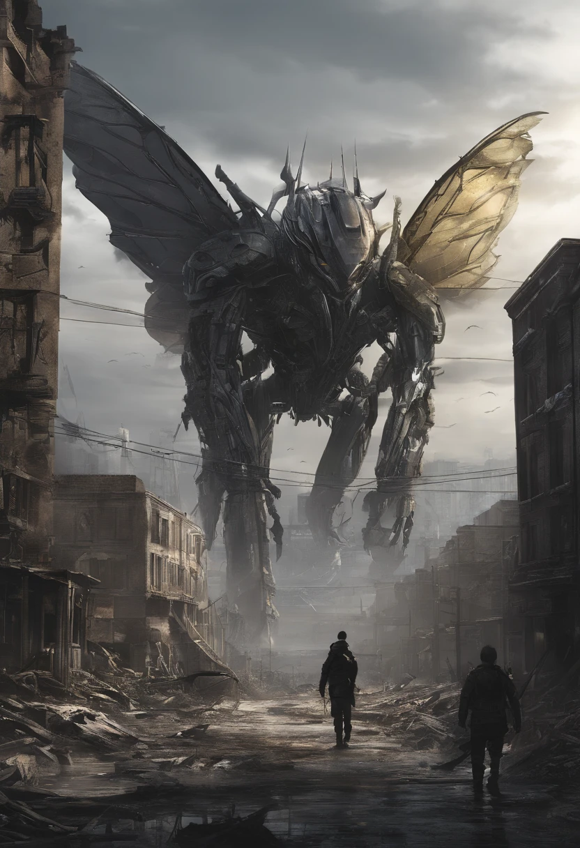HD clear, best images, illustration quality, super detailed, butterfly monster, skinny shape, wasp-like monster, yellow and black scale covering the whole body, big leafs running through the body, tail with vine at the end, sharp claws and fangs, rainbow wings, perfect body shape, destroying a city, with a ruined city in the background ((concept art))