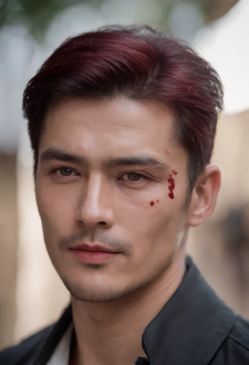 (((A deep reddish wound runs through his left cheek))) teint clair, homme d'environs 40 ans, cheveux noir, cheveux courts, Yeux noirs distinctifs, brawny, beau, Mise au point ultra nette, Realistic shooting, Oriental men's clothing, Tetradic colors (cicatrice:1.4)