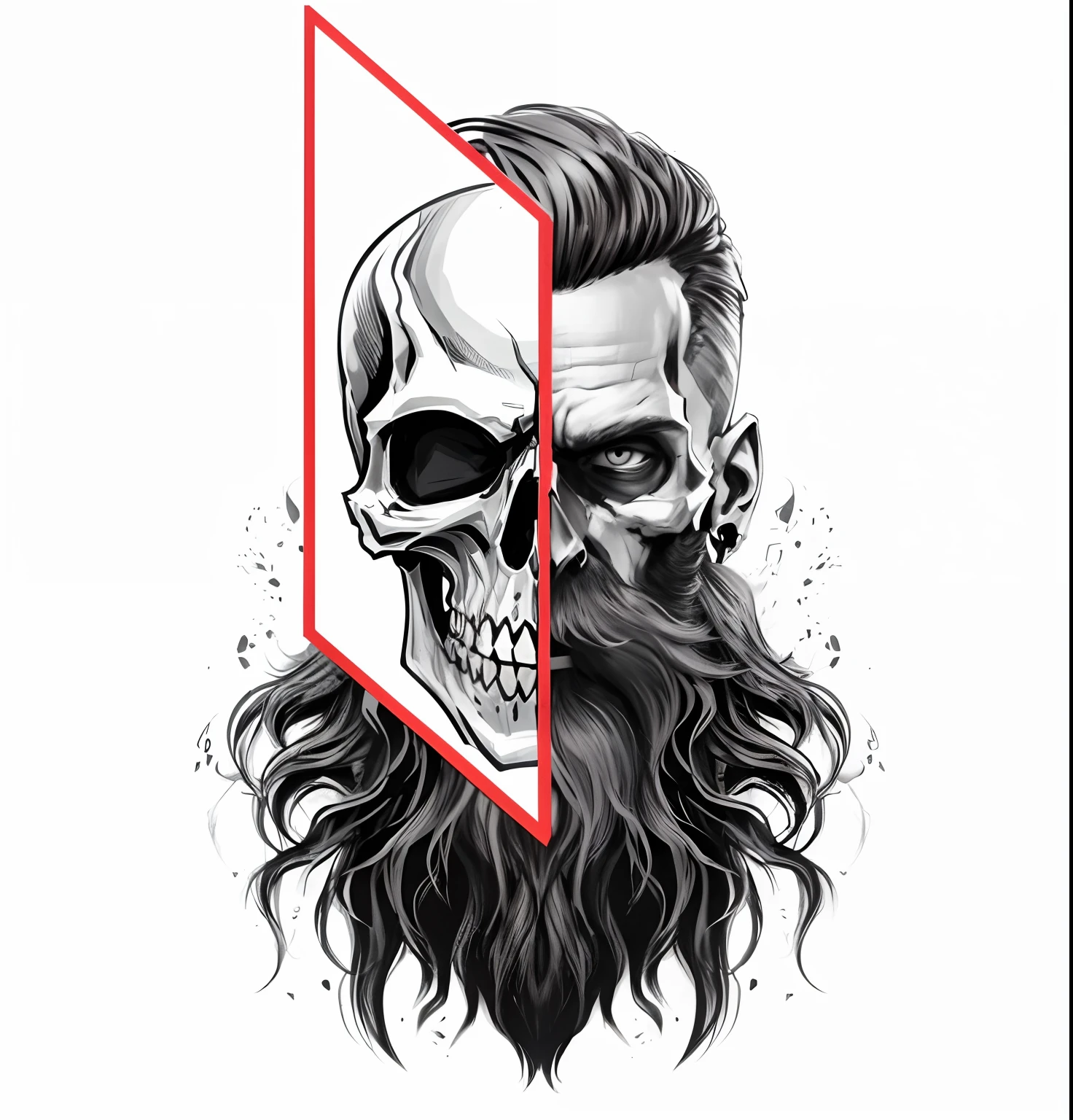 There is a drawing of a skull with a beard and a skull face, skull on the screen, bearded skull, half skull face, half skull half face, skull like, Design 3D para tatuagem, desenho digital 2d, Contorno desbotado, colorful illustration for tattoo, skeleton face symmetrical face