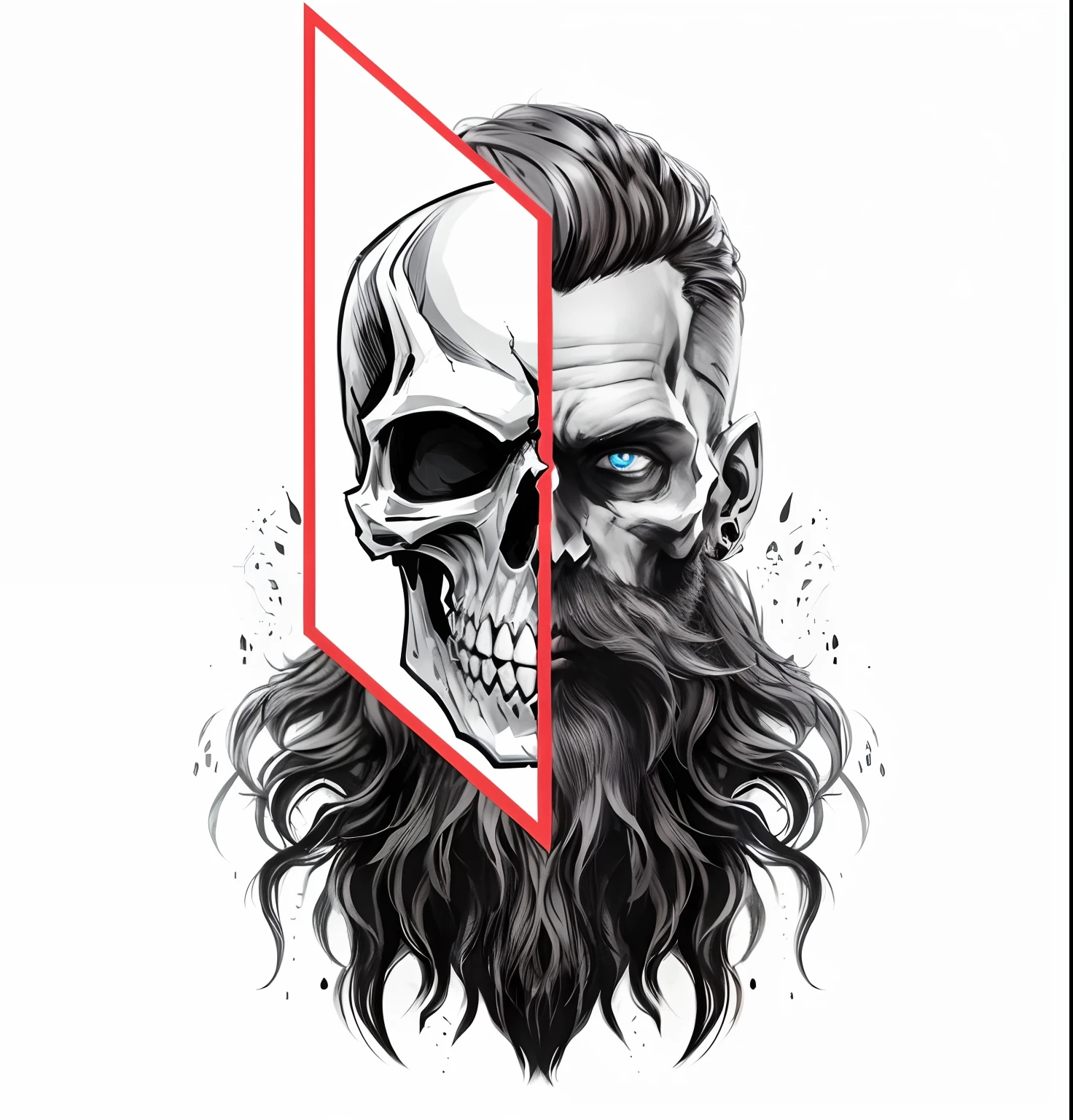 There is a drawing of a skull with a beard and a skull face, skull on the screen, bearded skull, half skull face, half skull half face, skull like, Design 3D para tatuagem, desenho digital 2d, Contorno desbotado, colorful illustration for tattoo, skeleton face symmetrical face