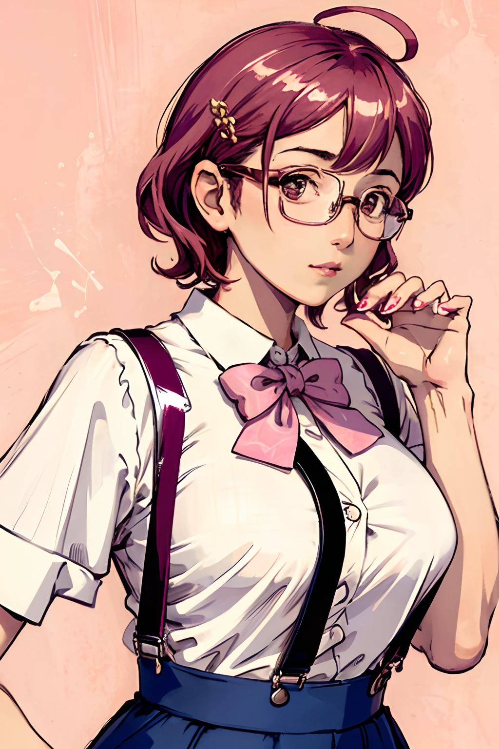 (masterpiece:1.2, best quality), (dinamic lighting) 1lady, solo, short hair, big breasts, (shiny skin:1.2), upper body, monocle, glasses, modern, wavy pink hair,Suspenders, flower on ear, harajuku style, hair pin, loli ,ahoge