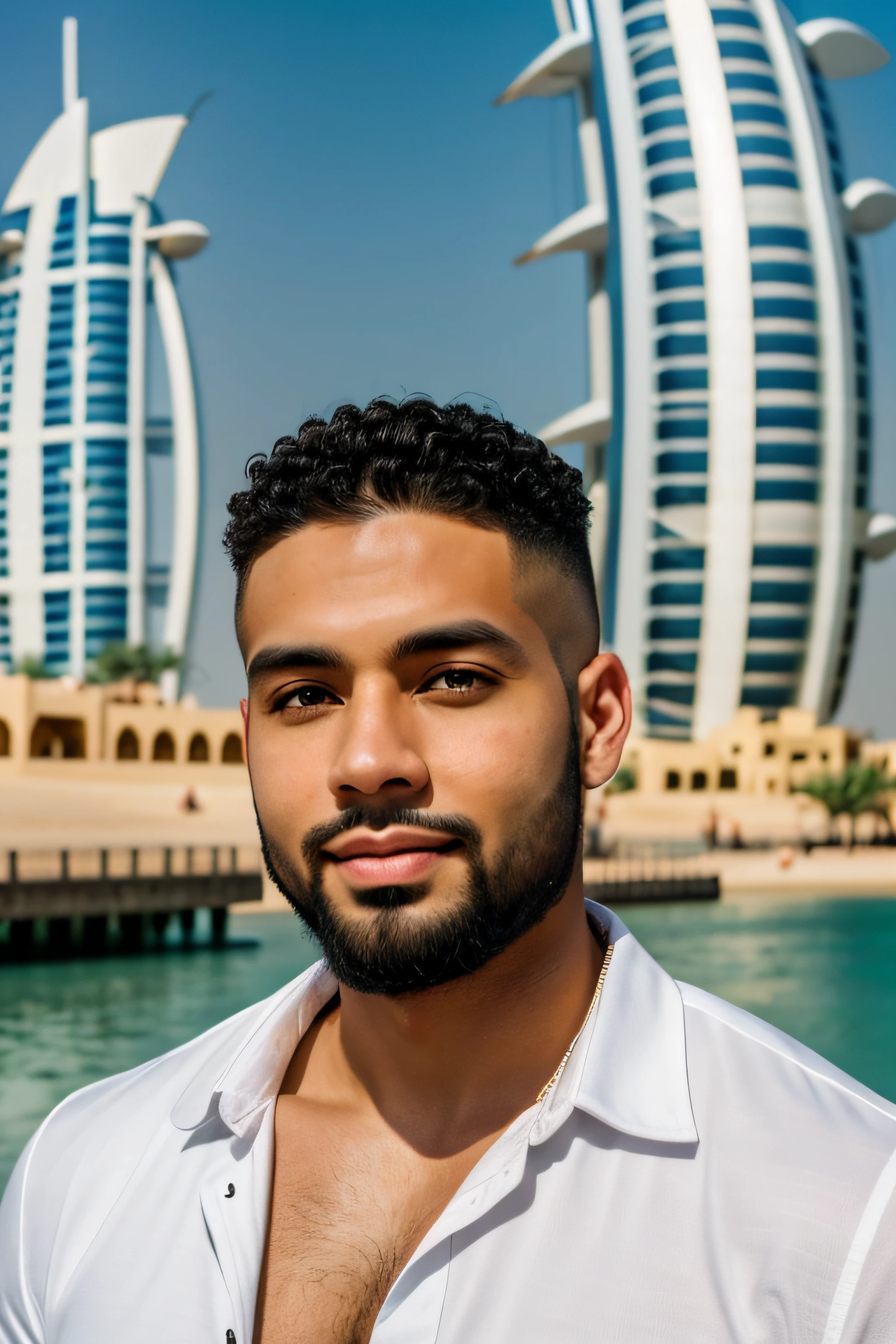 high quality handsome light skin mixed race man with a beard and short hair, visiting Dubai, looking at the camera